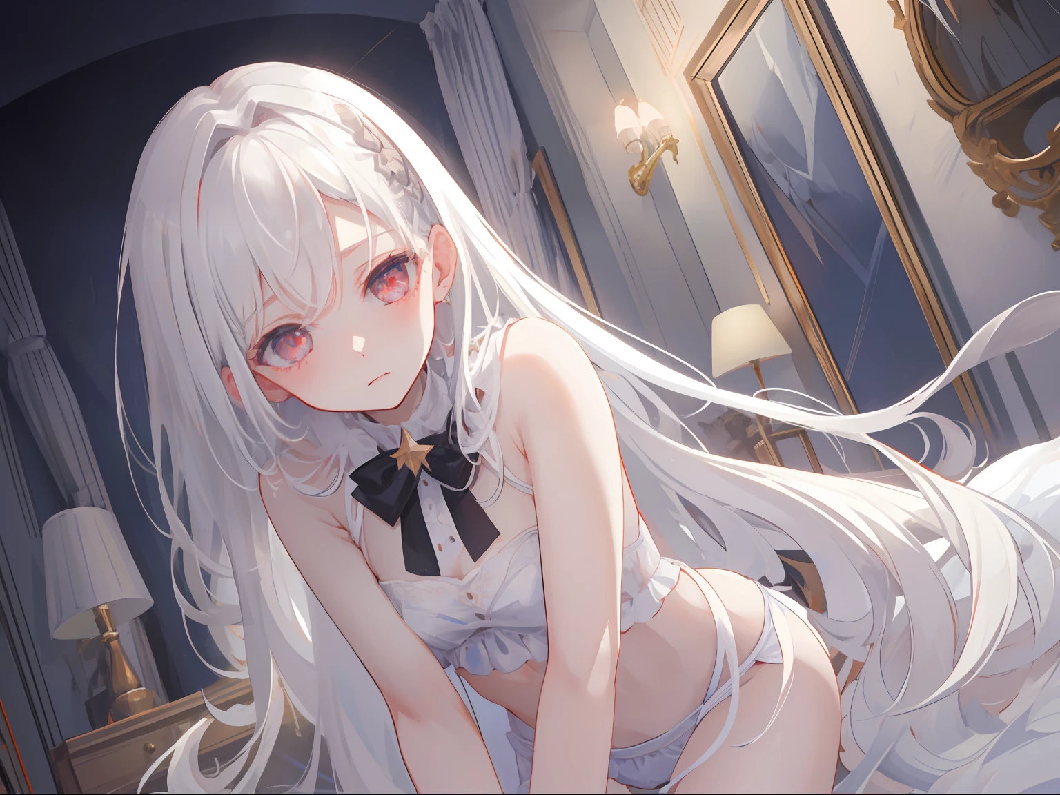 ((Masterpiece, Best quality))++, Detailed light+,  Detail hair+, detail hand+ ,1girll, woman, Long hair,   dark red eye,  Beautiful eyes, Young gray hair,,(Beautiful white hair:1.5),(Beautiful detailed eyes), ,    high resolution+,   Masterpiece,  , Glass tones, Reflective eyes,  {{Angle}} , extremelydetailedwallpaper, Original,full bodyesbian,Bedrooms,upper legs, Beth,starrysky,Issuing,,swim wears,,naturey