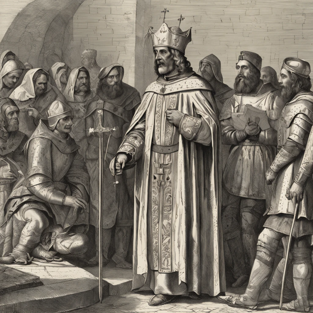A imagem retrata St. Bernardo de Claraval, um santo antigo, in a speech to the Knights Templar in medieval times. St. Bernard is portrayed as an old man, Appearance wise and serene, wearing a religious habit typical of medieval times.
he's standing, in a prominent position, on a raised platform or makeshift pulpit, so that all may see and hear Him clearly. In his left hand, ele segura uma cruz grande, symbolizing their Christian devotion and faith. A cruz pode ser detalhadamente esculpida e adornada com ornamentos dourados ou prateados.
St. Bernard addresses his address to the Knights Templar, that are positioned in a nearby formation. They are depicted wearing full medieval armor, with its distinctive features, Like the Templar cross on its shields and robes. The Knights Templar are listening intently, showing respect and reverence to the saint.
The surrounding setting is set in a medieval room or chapel, with architectural details characteristic of the time, as Gothic columns, vitrais coloridos e elementos decorativos em pedra. The lighting is soft, vindo de janelas altas, casting a soft glow on St. Bernard and the Knights Templar.
