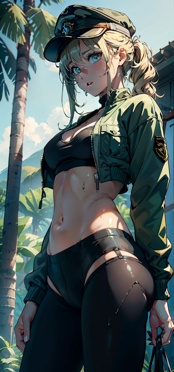 1female，，teens girl，smallunderboob，Pornographic exposure， 独奏，（Background with：the rainforest，in summer，Ground area water，exteriors） Casual blonde hairstyle，Stride，Sweat profusely，drenched all over the body，seen from the front ， mostly cloudy sky，（（（tmasterpiece），（Very detailed CG unity 8K wallpaper），best qualtiy，cinmatic lighting，detailed back ground，beatiful detailed eyes，Bright pupils，（Very fine and beautiful），（Beautiful and detailed eye description），ultra - detailed，tmasterpiece，）），face to the viewer，frontage，A high resolution，ultra - detailed）nakeness，Wipe off panties，revealing breasts，Bare genitalia， Bulge，Camel toes，Raised sexy，Lewd expression，Flushed complexion，Open-mouthed，frontage，military hat，（Wearing：green colored bomber jacket，Black pantyhose）athletic sneakers