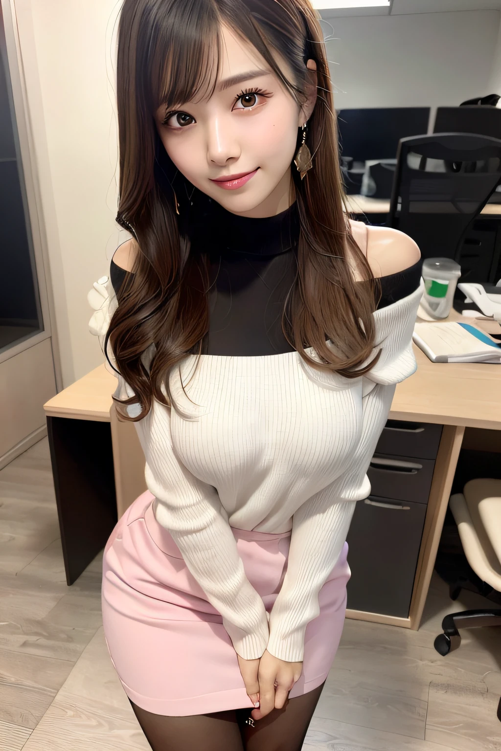 first-person-view, (masterpiece:1.3), high resolution, ultra detailed, extremely detailed CG unity 8k wallpaper, realistic, photo-realistic, RAW photo, beautiful detailed face, pale skin, realistic glistening skin, detailed cloth texture, detailed hair texture, Perfect body, Beautiful Face, accurate, Anatomically correct, Highly detailed face and skin texture, natural neck length, (beautiful hands), (fair skin:1.2), Thin legs, Thin feet, perfectly aligned teeth,
BREAK,
Detailed eyes, symmetric eyes, Light Brown eyes, Double eyelids, Thin eyebrows, (Glossy lips:1.4), (gently smile:1.2), (blush:1.1),
BREAK,
(A Classy and Cute girl), (classy off-shoulder White silk blouse), (Light pink Pencil skirt:1.1), (black sheer stockings), (white pin heel)
medium large breasts, (slender figure:1.1), firm abs, beautiful clavicle,
(Dark blonde hair, wavy hair, long hair:1.3), ((asymmetrical bangs:1.2)),
BREAK,
(Standing leaning against the desk with holding a coffee:1.2),
((in the modern office of Japan)), (Cowboy shot:1.2), looking at viewer, view from slightly below,