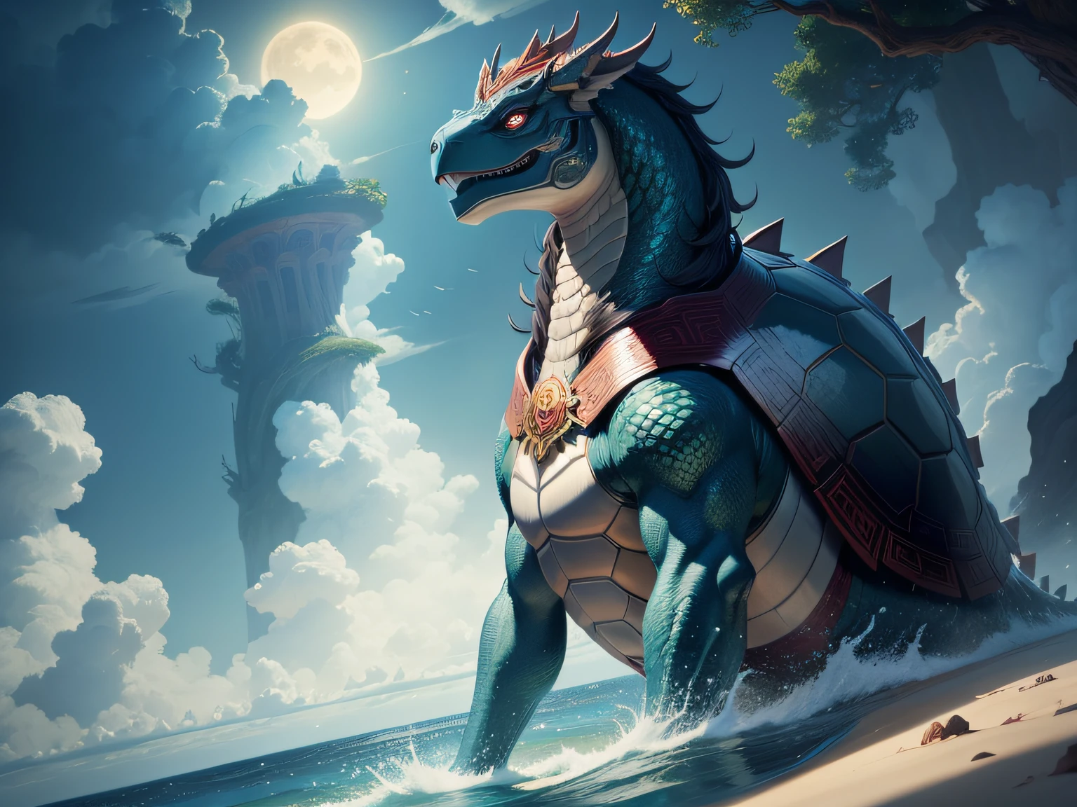 tmasterpiece,A high resolution,8K,CG animation,The image of a mythical beast in Chinese mythology,A creature consisting of a turtle and a snake,Have by the sea