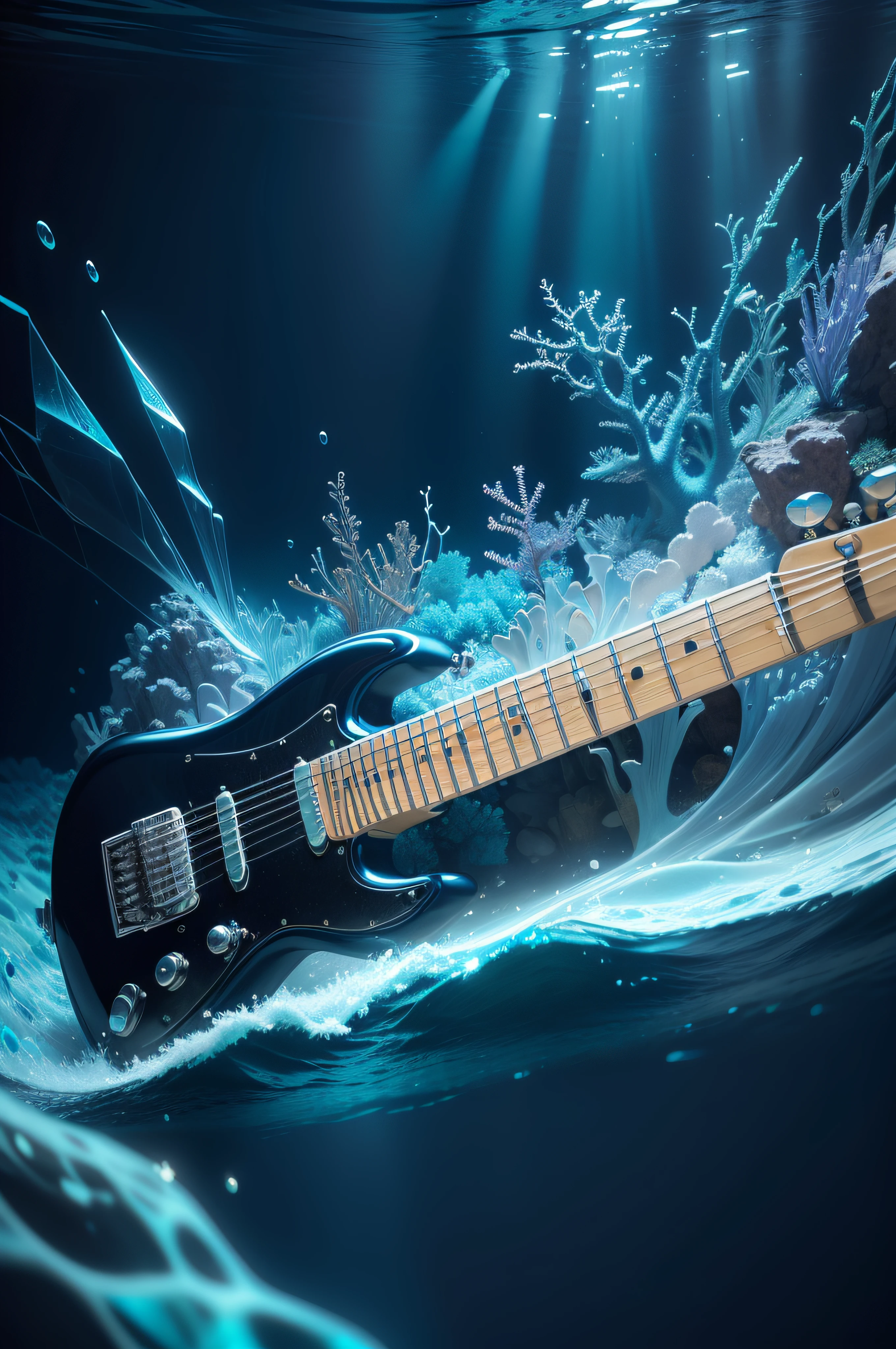 Create an image of a grand underwater ELECTRIC GUITAR made of sparkling crystals, surrounded by vibrant marine life that sways to the rhythm. (sharp focus:1.2), extremely detailed, (photorealistic:1.4), (RAW image, 8k high resolution:1.2), ultra realistic, cinematic film still, subsurface scattering, (volumetric lighting)--sdXL_v10VAEFix