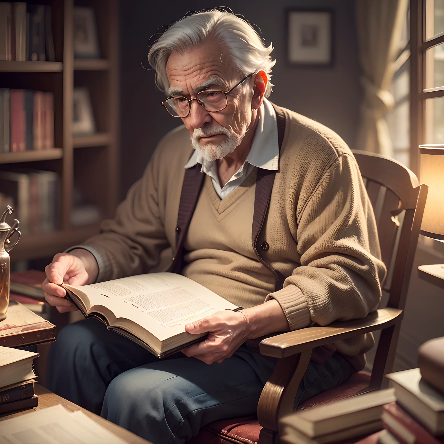 an old man reading an old book, twilight light, warm atmosphere, cultured atmosphere, (masterpiece) (perfect proportion) (photo realistic) (best quality) (detailed) (8k) (HDR) (wallpaper) (cinematic lighting) (sharp focus) (intricate)