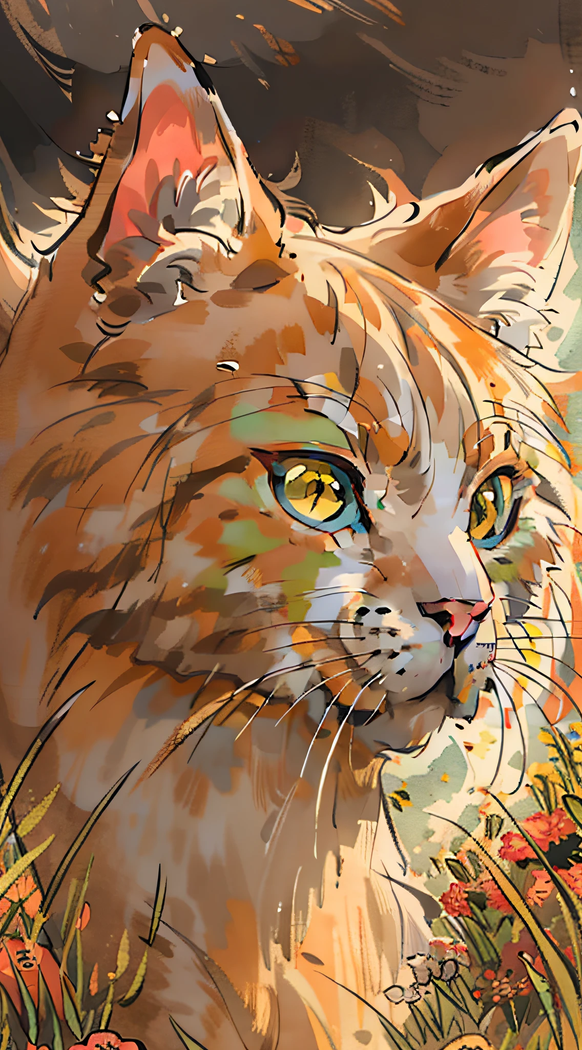 Above the steppe，A handsome cat，a warm color palette，low-saturation