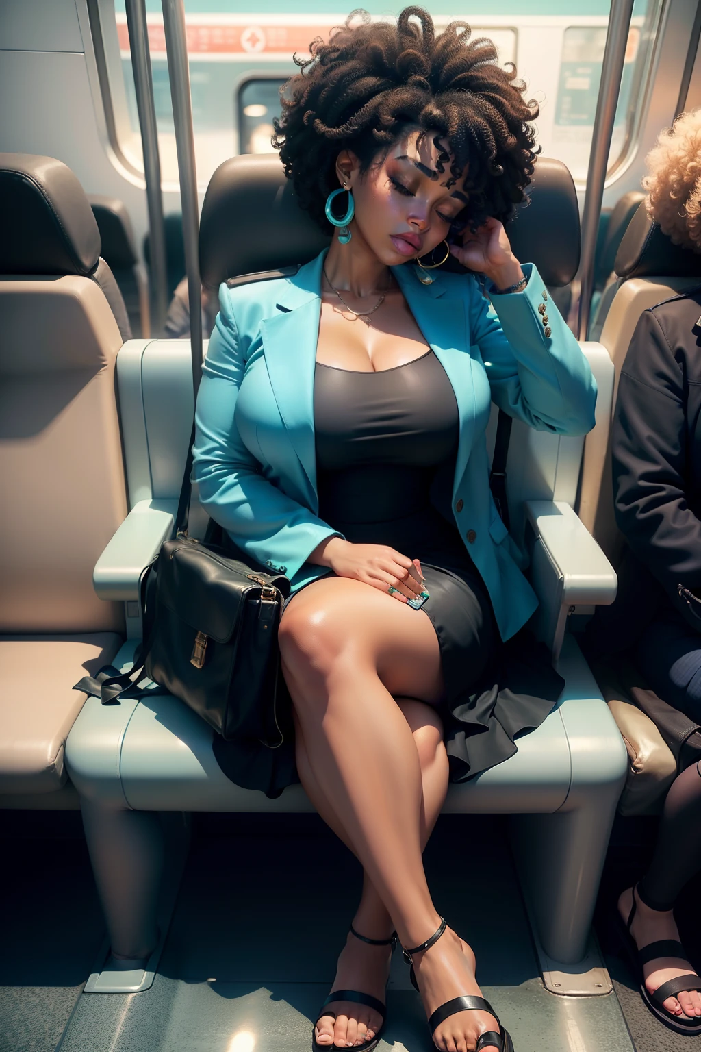 1 beautiful woman, large body, eyes closed, eyelids made up, medium earrings, short afro hair, turquoise dress, black jacket over the dress, sandals, large turquoise bag, long eyelashes, full lips, mouth open, head resting on the seat, sleeping lying on the train