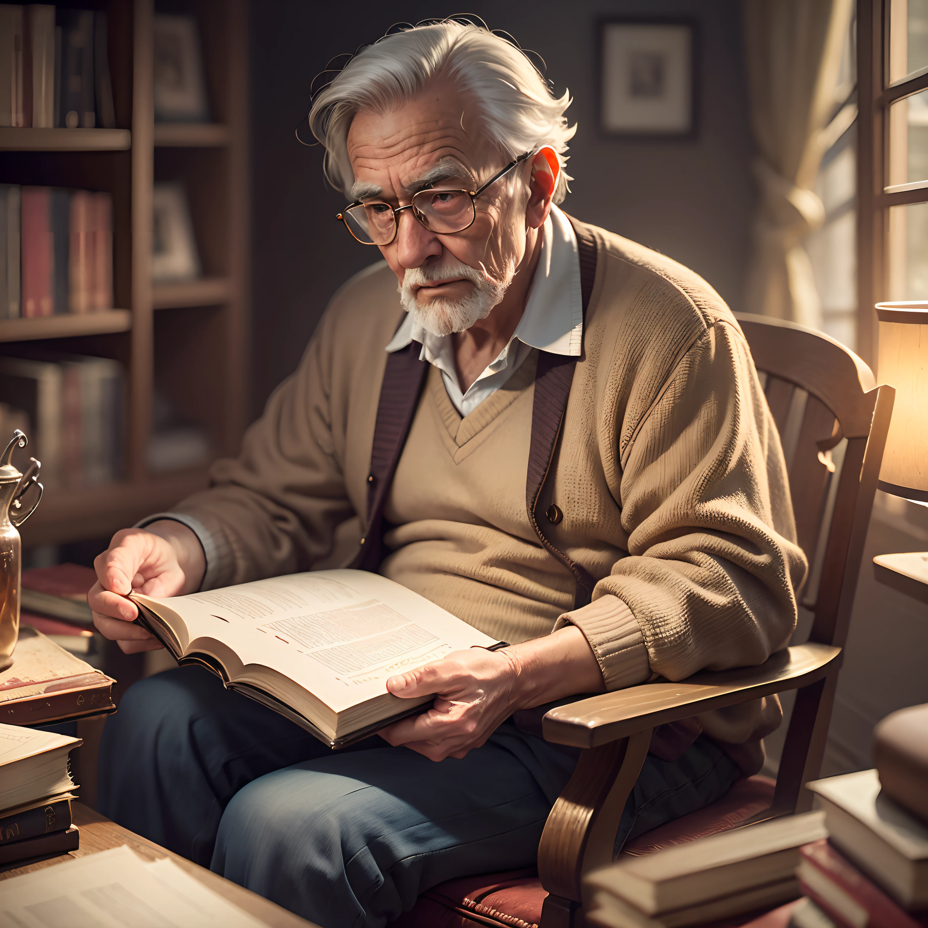 an old man reading an old book, twilight light, warm atmosphere, cultured atmosphere, (masterpiece) (perfect proportion) (photo realistic) (best quality) (detailed) (8k) (HDR) (wallpaper) (cinematic lighting) (sharp focus) (intricate)