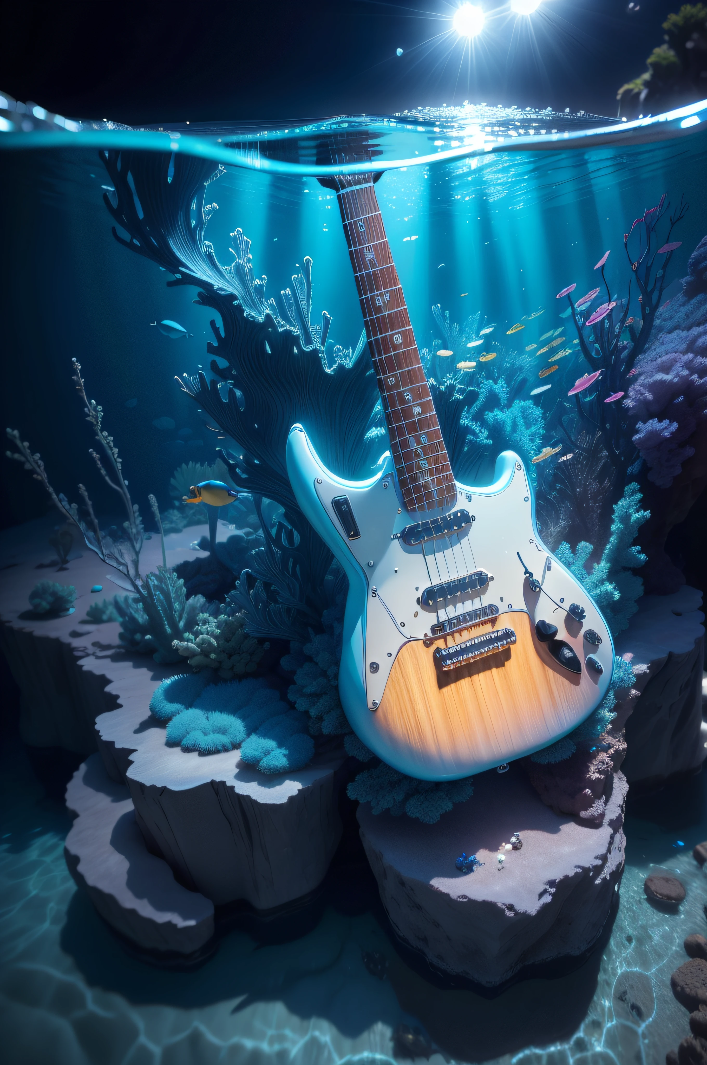 Create an image of a grand underwater ELECTRIC GUITAR made of sparkling crystals, surrounded by vibrant marine life that sways to the rhythm. (sharp focus:1.2), extremely detailed, (photorealistic:1.4), (RAW image, 8k high resolution:1.2), ultra realistic, cinematic film still, subsurface scattering, (volumetric lighting)--sdXL_v10VAEFix