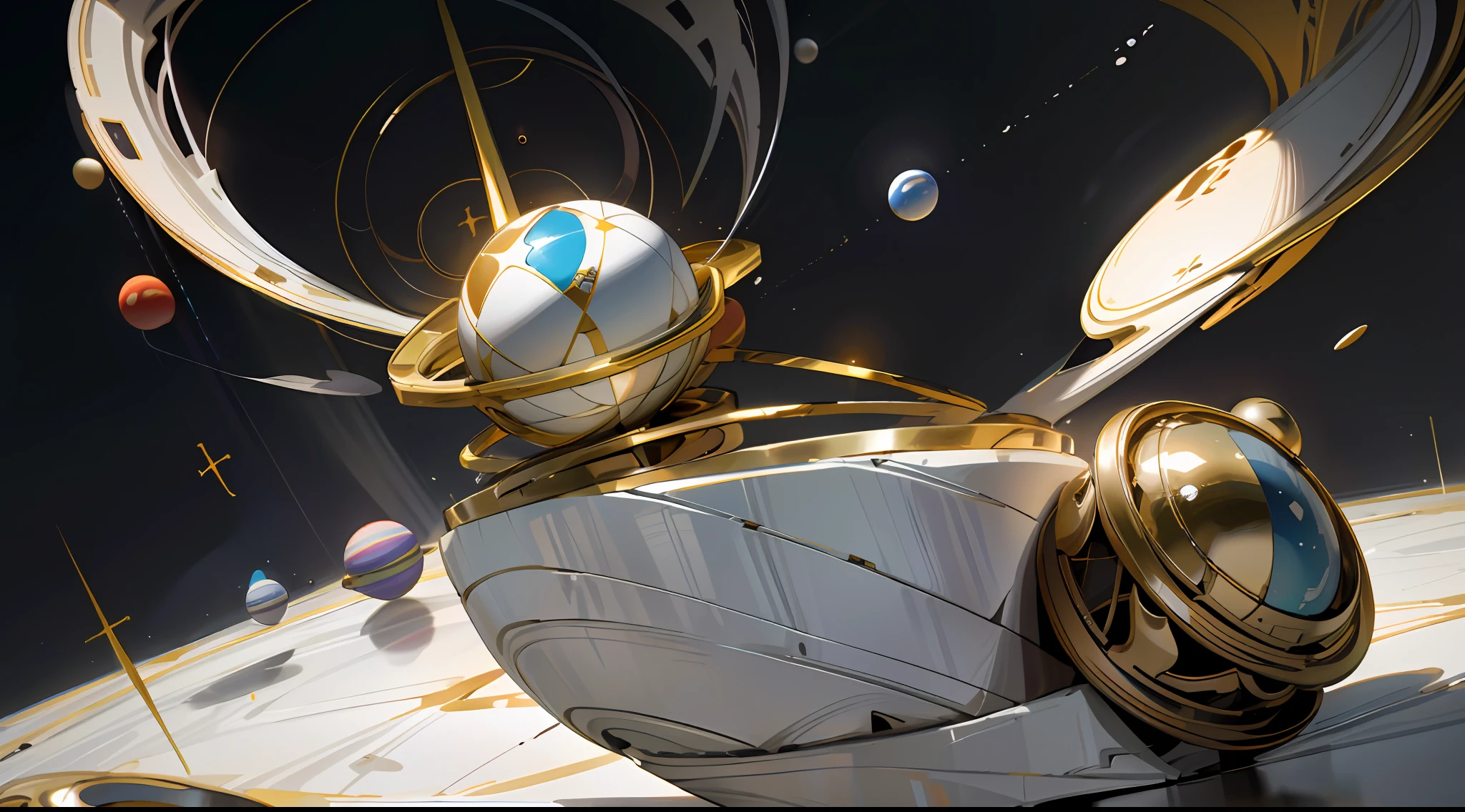 ((The grounds are large,Simple,geomerty)),There is one in the center of the venue(A large and tall sphere made up of many metal rings with a shiny and cross-shaped center),There were many people on the field looking up at the sphere,But for spheres, people are especially small。The background is made up of various planets,The venue material is white to yellow,The surface has lines。The picture has a sense of impact,Brighter,The style is biased towards theology
