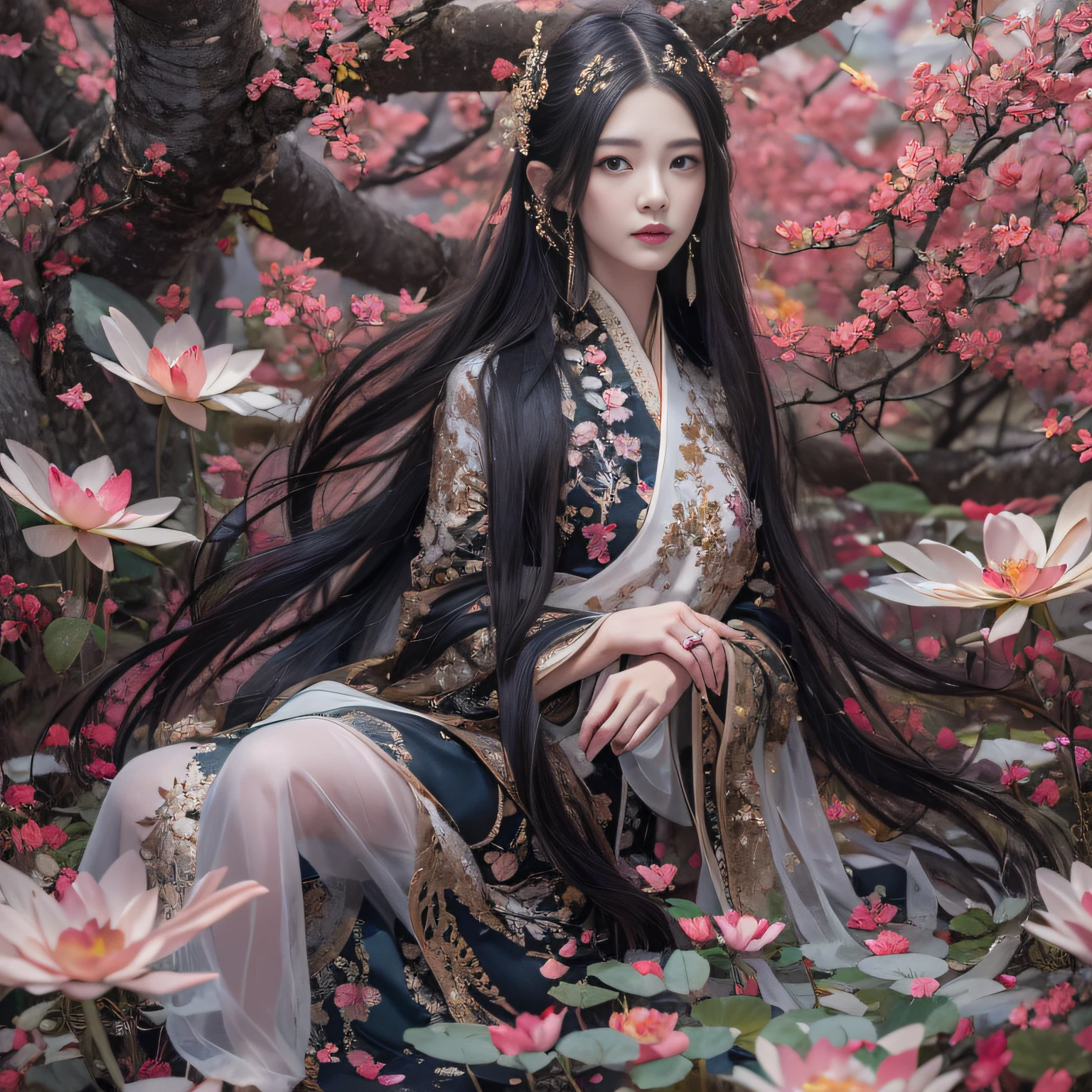 32K（tmasterpiece，k hd，hyper HD，32K）Long flowing black hair，ponds，zydink， a color，  Xuzhou people （Silly girl）， （Silk scarf）， Combat posture， looking at the ground， long whitr hair， Floating hair， Carp pattern headdress， Chinese long-sleeved clothing， （Abstract gouache splash：1.2）， Pink petal background，Pink and white lotus flowers fly（realisticlying：1.4），Black color hair，Fallen leaves flutter，The background is pure， A high resolution， the detail， RAW photogr， Sharp Re， Nikon D850 Film Stock Photo by Jefferies Lee 4 Kodak Portra 400 Camera F1.6 shots, Rich colors, ultra-realistic vivid textures, Dramatic lighting, Unreal Engine Art Station Trend, cinestir 800，Long flowing black hair，see-through transparent clothes