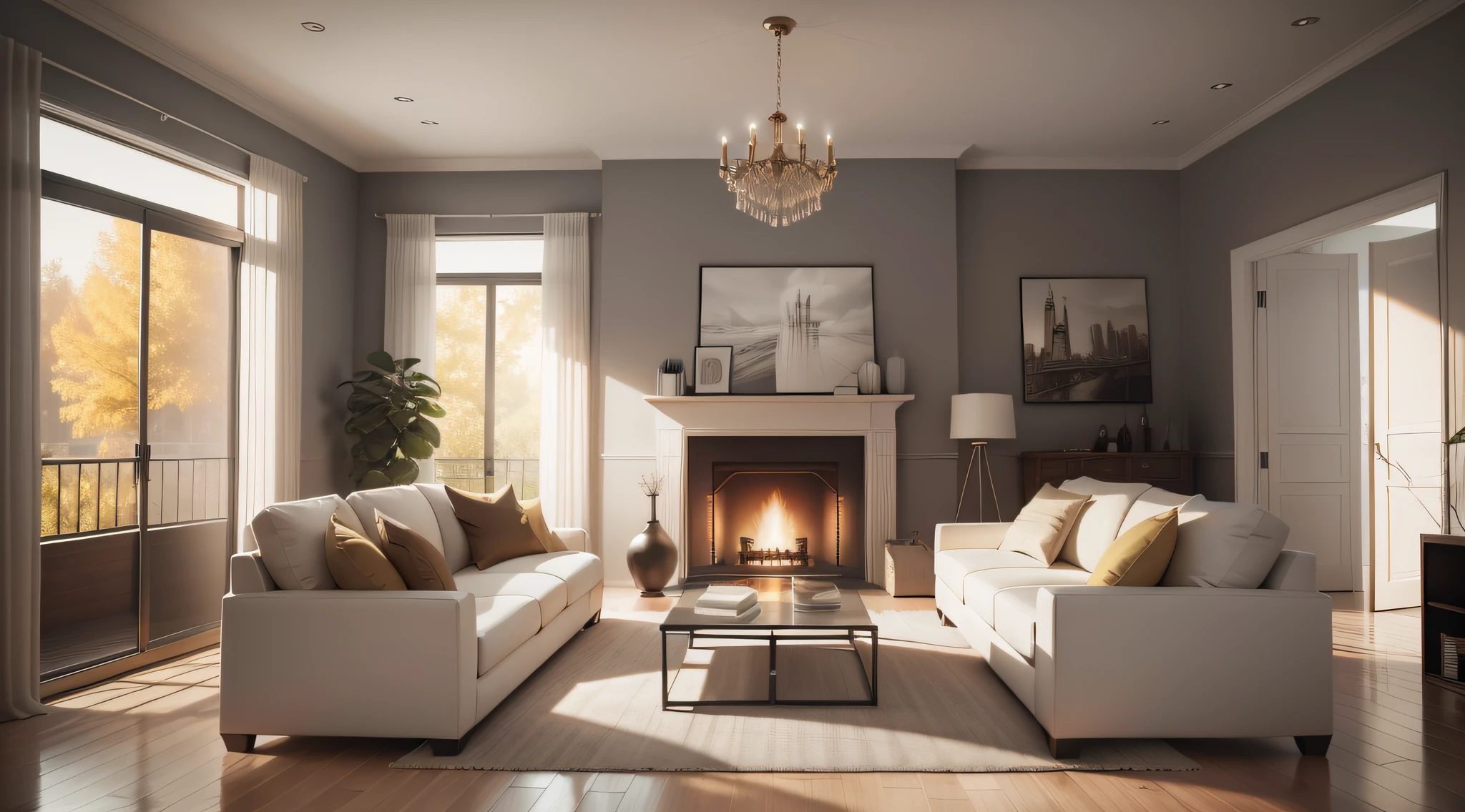 a modern room with a fireplace on with furnitures around with a light palete of color ultra hd high resolution masterpiece