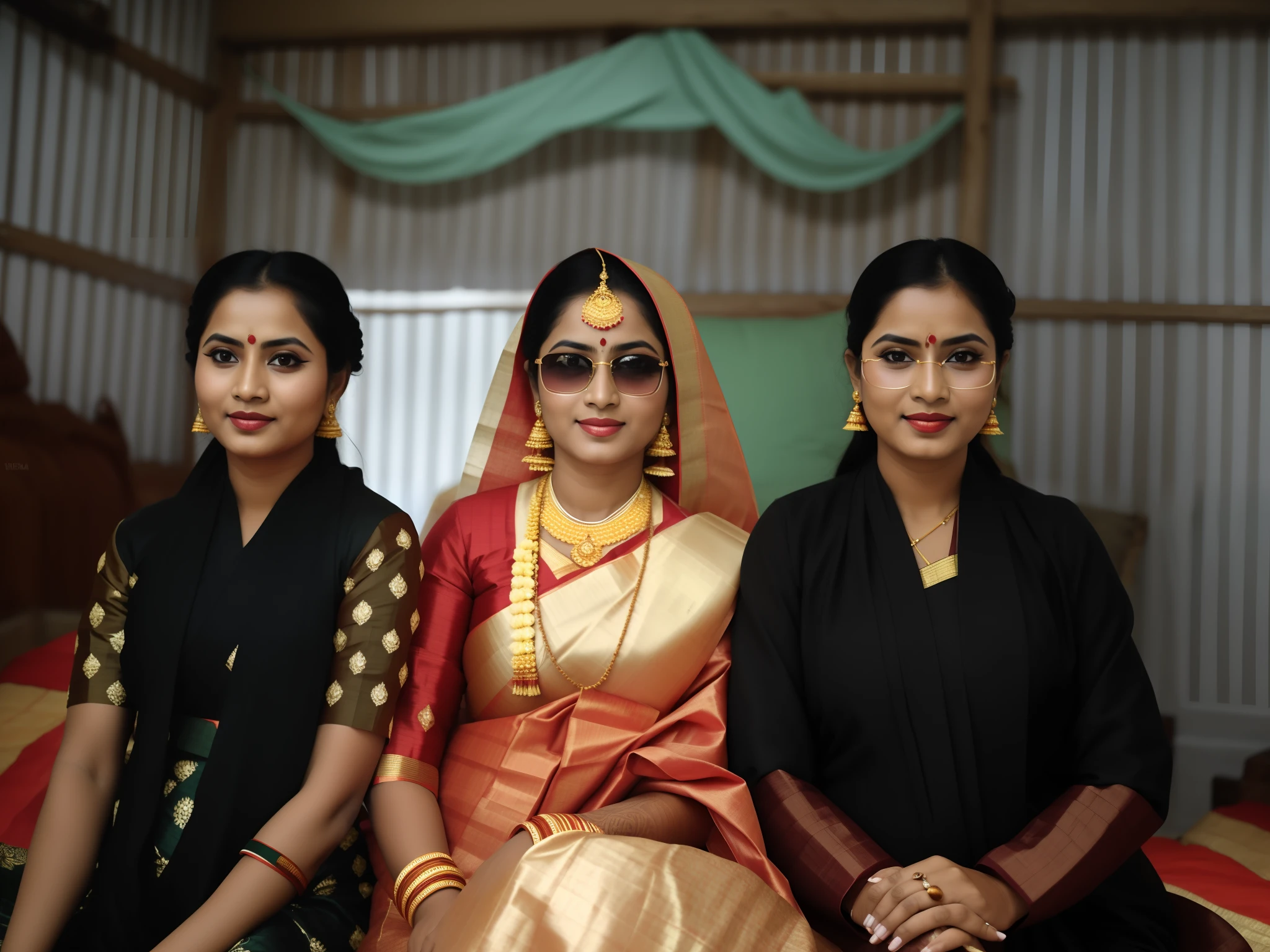 three women in traditional clothing sitting on a bed in a room, assamese aesthetic, wearing traditional garb, traditional beauty, traditional makeup, with accurate face, with lovely look, candid picture, bride, traditional photography, wearing bihu dress mekhela sador, assamese, very very low quality picture, traditional clothes, very accurate photo, traditional dress