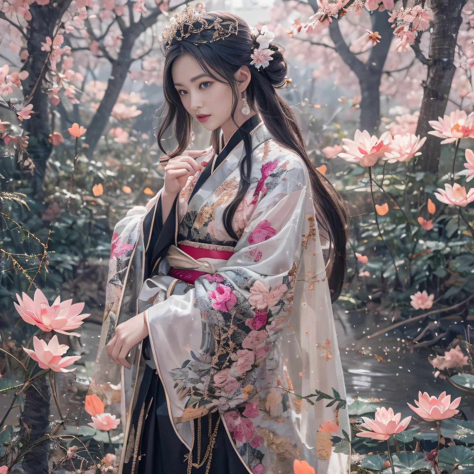 32K(tmasterpiece,k hd,hyper HD,32K)Long flowing black hair,ponds,zydink, a color, Xuzhou people (Silly girl), (Silk scarf), Combat posture, looking at the ground, long whitr hair, Floating hair, Carp pattern headdress, Chinese long-sleeved clothing, (Abstract gouache splash:1.2), Pink petal background,Pink and white lotus flowers fly(realisticlying:1.4),Black color hair,Fallen leaves flutter,The background is pure, A high resolution, the detail, RAW photogr, Sharp Re, Nikon D850 Film Stock Photo by Jefferies Lee 4 Kodak Portra 400 Camera F1.6 shots, Rich colors, ultra-realistic vivid textures, Dramatic lighting, Unreal Engine Art Station Trend, cinestir 800,Long flowing black hair,see-through transparent clothes