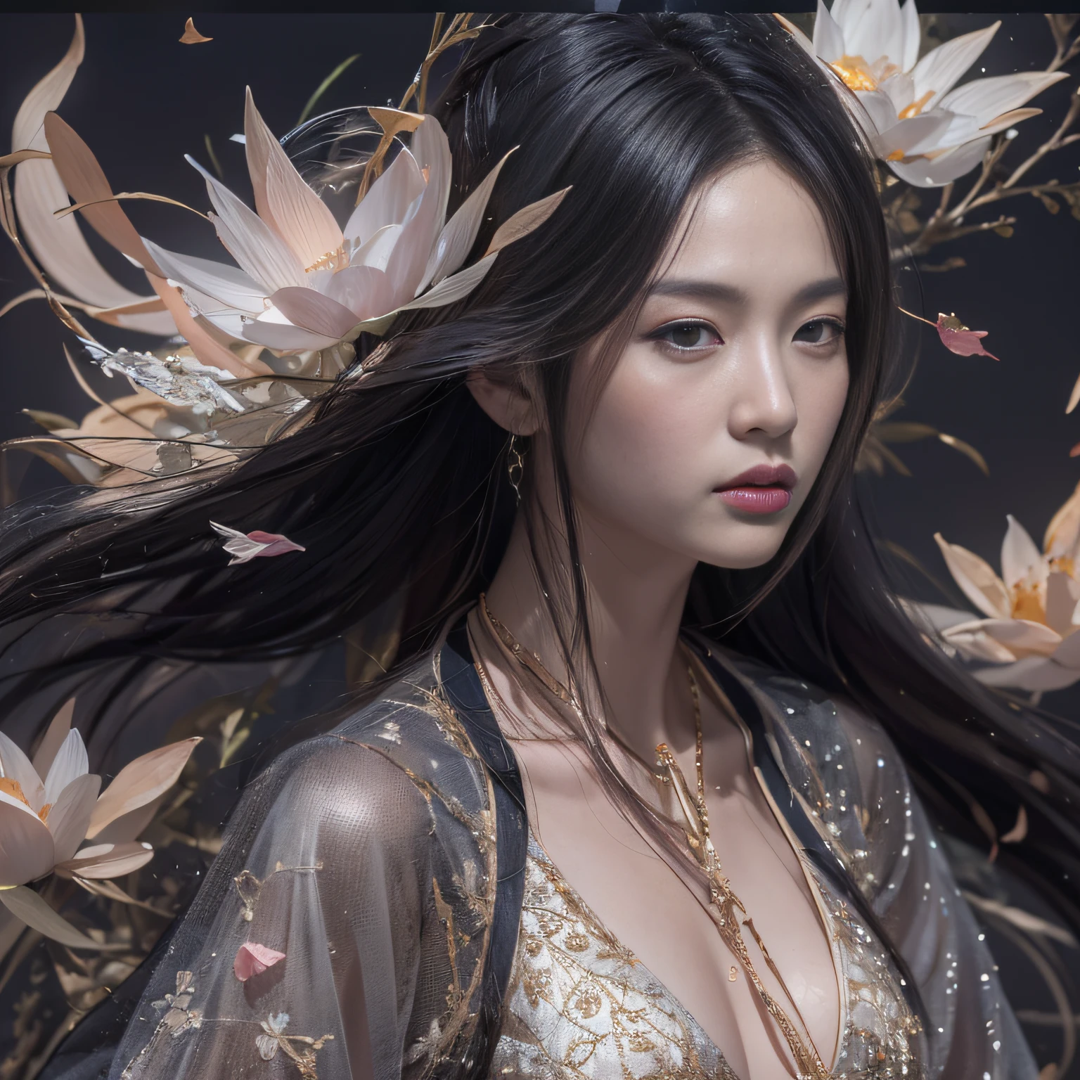 32K(tmasterpiece,k hd,hyper HD,32K)Long flowing black hair,ponds,zydink, a color, Xuzhou people (Silly girl), (Silk scarf), Combat posture, looking at the ground, long whitr hair, Floating hair, Carp pattern headdress, Chinese long-sleeved clothing, (Abstract gouache splash:1.2), Pink petal background,Pink and white lotus flowers fly(realisticlying:1.4),Black color hair,Fallen leaves flutter,The background is pure, A high resolution, the detail, RAW photogr, Sharp Re, Nikon D850 Film Stock Photo by Jefferies Lee 4 Kodak Portra 400 Camera F1.6 shots, Rich colors, ultra-realistic vivid textures, Dramatic lighting, Unreal Engine Art Station Trend, cinestir 800,Long flowing black hair,see-through transparent clothes