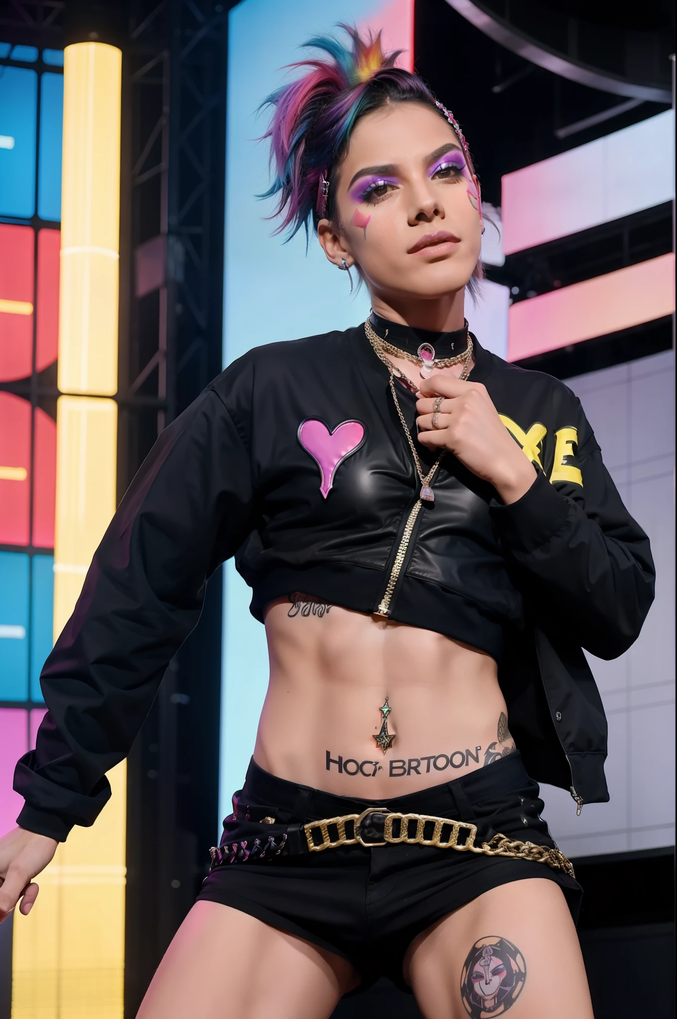 "A charismatic androgynous tomboy, embodying the LGBTQIA+ queercore movement, exudes confidence as they passionately rap battle on a stage, oozing with attitude and dripping in style."
