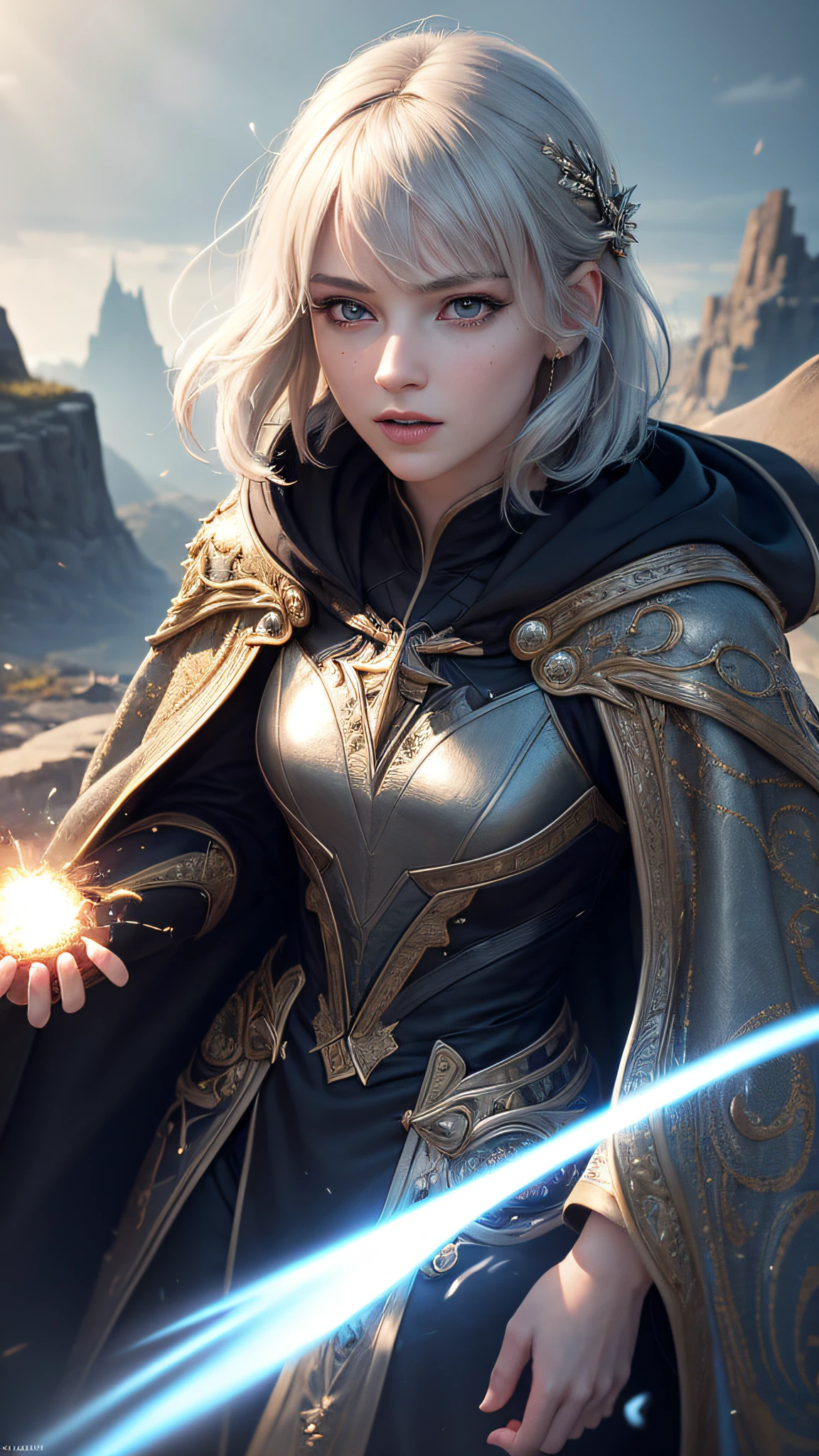 (skindentation:1.5), realisticlying, realisticlying, (masterpiece:1.5), concept-art, intricately details, highly detailed, realisticlying, rendering by octane, 8k, unreal-engine, dynamicposes, Best quality at best, A high resolution, (photorealiscic face:1.1), (Hyper-realistic:1.1), ((full_body)), perfect eyes,(shiny skins:1.2), (((Hairstyles))), (((perfect hand))), (very highly detailed background), ((Dynamic background) ), ((salama)), (llight rays), ((1girl)), is wearing casock, (((Flowing cloak))), ((Detailed eyes, High quality eyes, High quality face)), (Extremely complex robes, Magic robes), with short white hair, Cast lightning, eletric, rotating flame, Radiant force, spark of light, smog, magia, ((dramatic)), epic, battlefiled, depth of fields, Background bokeh, 4k, gotik, ashes, Particle