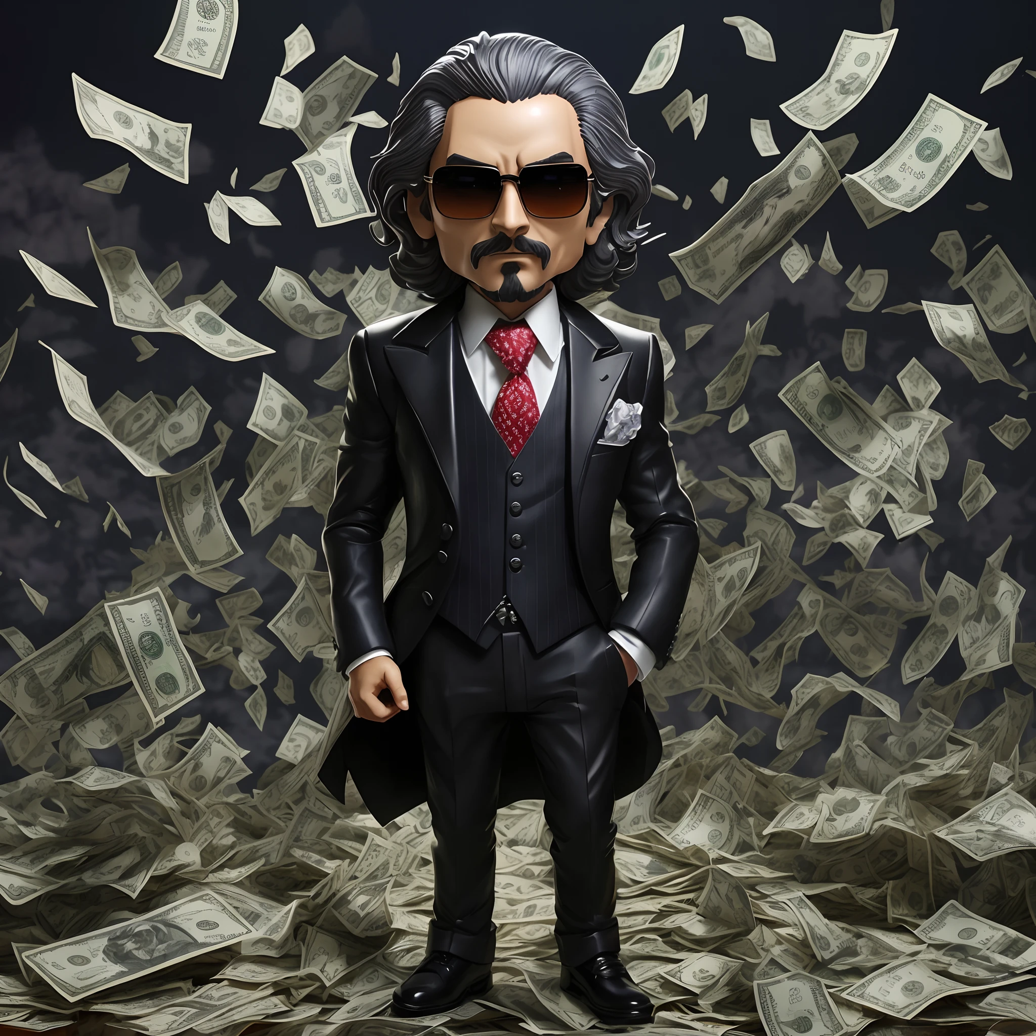 Alafed image of a man in a suit and tie standing in front of a pile of money, Snoop Dogg's anime Nendoroid, vinyl action figure, Karl Marx's anime Nendoroid, dressed in expensive clothes, vinyl toy figurine, high-detail iconic characters, wealthy, q posket, Super Rich, king of capitalism, big boss
