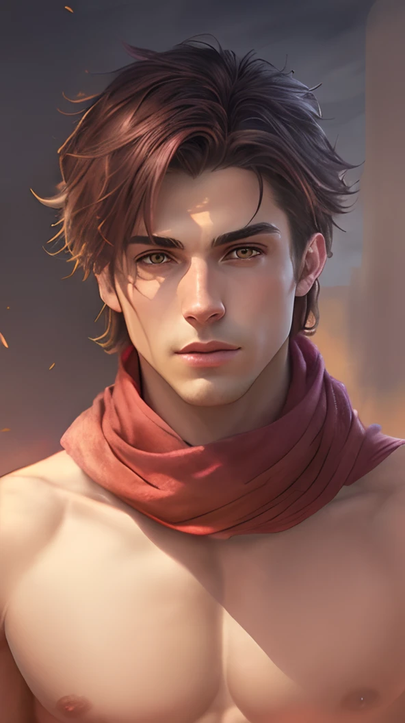 ((Straight Face)), ((Front focus)), ((Straight pose)), ((topless)) or ((naked)), (Cinematic Photo:1.6) of (Ultrarealistic:1.6), a photography, HD, photo, man, beautiful red scarf, mdjrny-v5, style close-up of a gorgeous dark purple hair color with man bob hairstyle topless male in the style of stefan kostic, one red eye and one yellow eye, realistic, close-up shot, sharp focus, 8 k high definition, insanely detailed, intricate, elegant, art by stanley lau and artgerm, extreme blur flames background, Red, Pastel, dramatic, dreamy, pastel, Watercolor, Whimsical, Delicate, Trending on Artstation, Highly detailed, Intricate, Close-up, digital painting, Fantasy theme, Fantasy robes, Fantasy concept art, Fantasy character art, Smug,  boy, perfect body, dreamy, pastel, Watercolor, Whimsical, Delicate, 8k, perfect lighting, adult, male, cinematic lighting, Fawn,Highly Detailed, Character concept art, Character design sheet