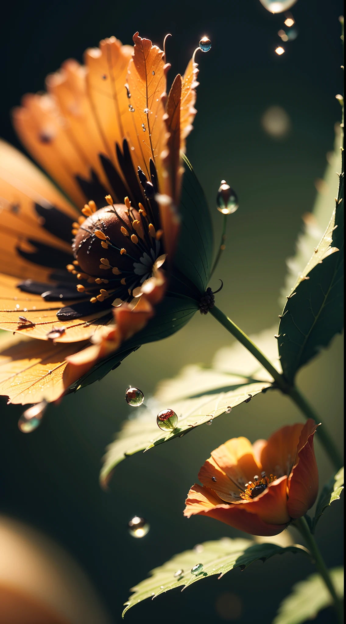 microscopic world , Masterpiece , Macro photography , cobweb, film grain, bokeh , smoke , highly detailed, Bright sunny weather, microflowers, drops, blur, realistic red poppy with black middle close-up, azure background, octane render