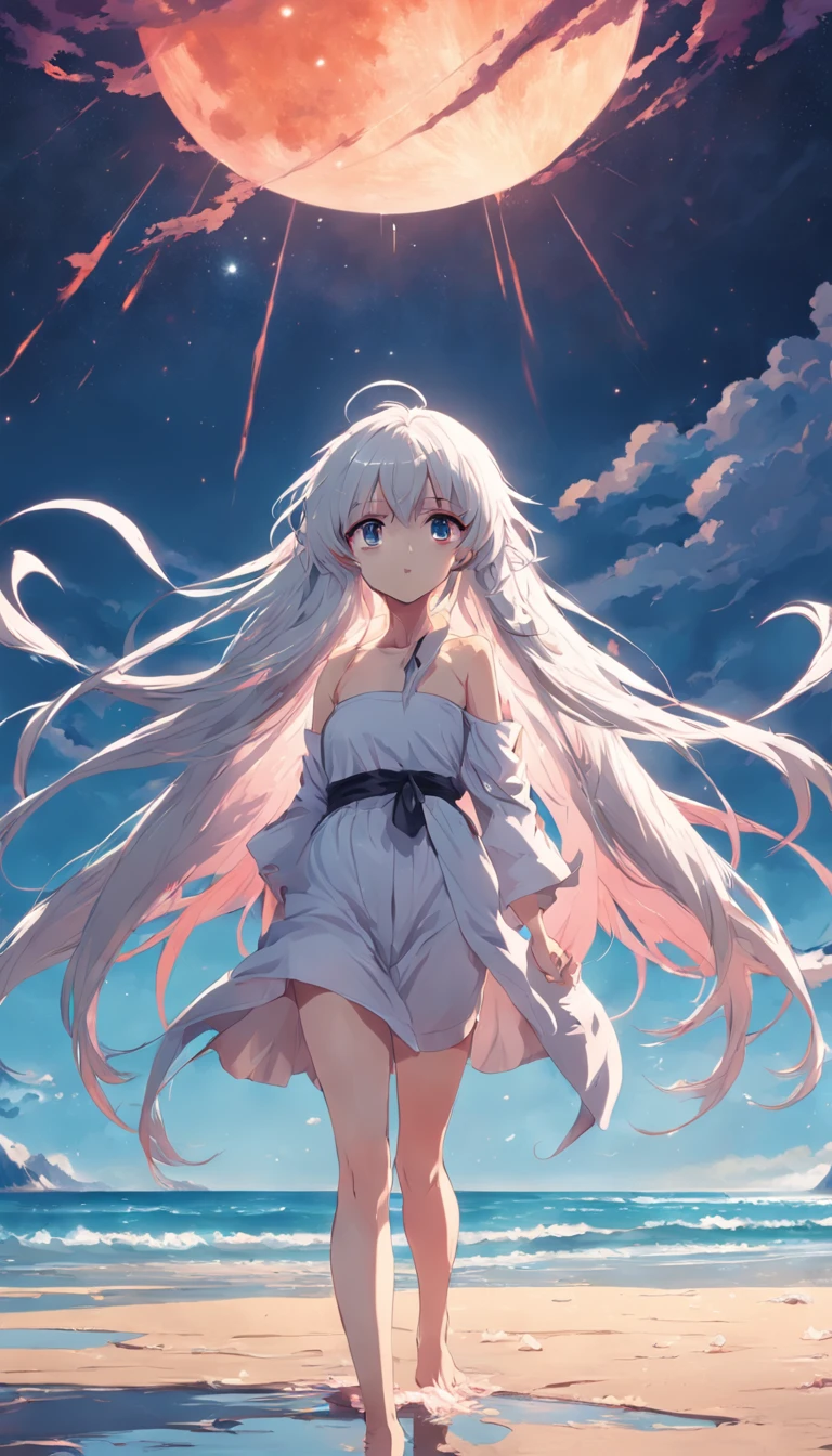 beach,look up,long white hair,full body, dark