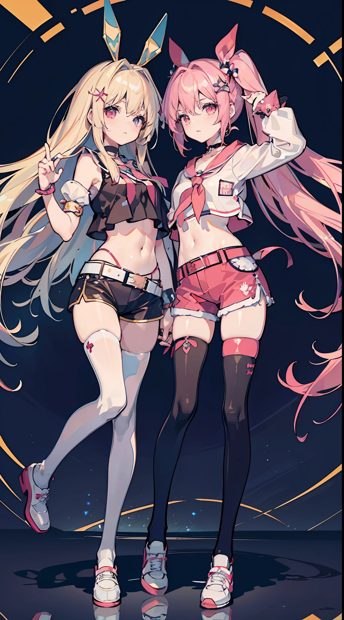 ,twins, masterpiece,best quality,official art,extremely detailed CG unity 8k wallpaper, 2girls, adorable girl, yuri, hair ornament, short shorts, crop top, pantyhose, ribbon_choker, leg belt,