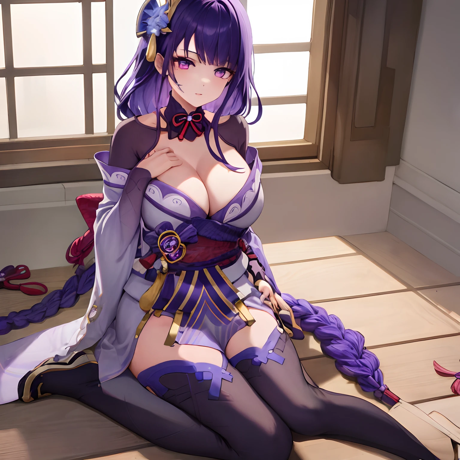 Masterpiece, Ultra-detailed hair, better lighting, better shade, Raiden general,1girll, Raiden Shogun, Breasts, Skirt, Purple hair, Solo, Long hair, Large breasts, Purple eyes, Braid, view the viewer, braidedponytail, hair adornments, Sleeveless, hair flower, Black skirt, shirt, Indoors, flower, , bangs, Bare shoulders, window, Thighs, Moles under eyes, purple evening dress，black long boots