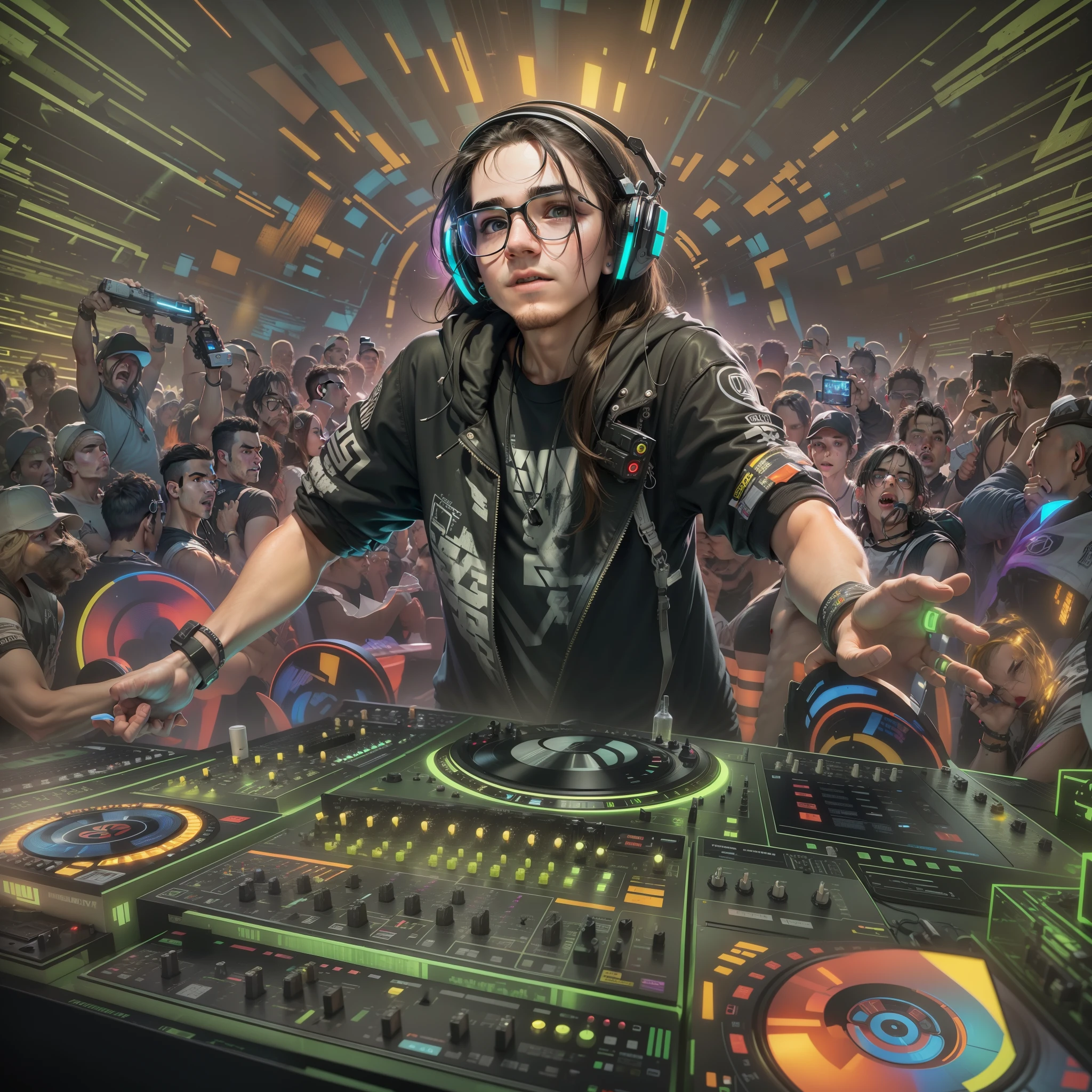 Photorealsitic,4K material,8K clarity,Please draw well-known DJs,Skrillex,Inside the Electro Music Festival,