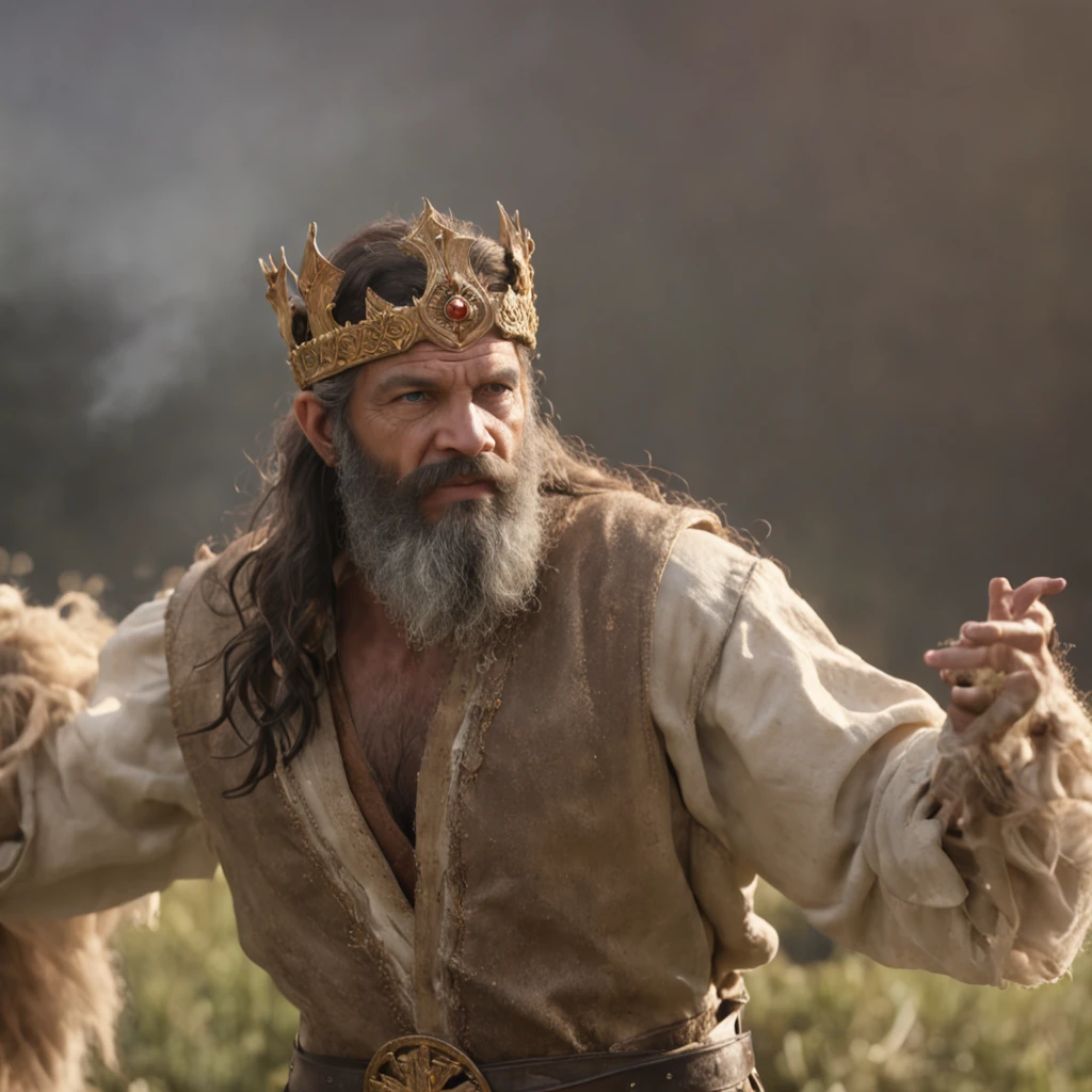 (Professional 3D rendering:1.3) de (Realistic:1.3) foto de arte mais bonita do mundo,((epic hero, rough fantasy, hero, olhar gentil, leve sorriso, Cabelos Longos, Large beard and strong expression in dynamic pose, Location in the wheat field on the right side, majestoso ambiente desordenado)), corpo inteiro 8k unidade render, action shot, poros da pele, very dark lighting, sombreamento pesado, circunstanciado, rosto detalhado, (Vibrando, fotografia realista, Realistic, Dramatic, Escuro, foco nítido, 8k), (roupas de um rei, Wear a golden crown on your head; manto majestosos, White tunic and white linen shirt:1.4), (intrincado:1.4), decadente, (altamente detalhado:1.4), Pintura digital, rendering by octane, conceito-arte, liso, foco nítido, illustration, germe da arte, (Loish:0.23), (global ilumination, studiolight, light volumetric), floating particles, fantasia, corpo inteiro, ((Fundo escuro e antigo da cidade:1.3)),