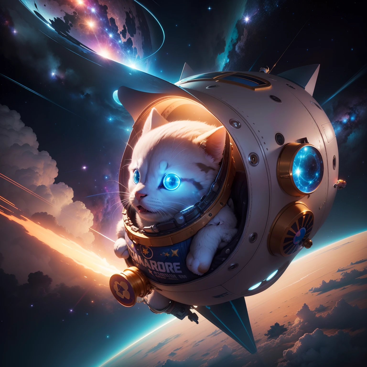 Create an image that captures Cosmic Charlie, the adventurous mascot of MoonShot Madness Coin, soaring through the cosmic expanse in a sleek rocket ship. As he navigates through a star-studded galaxy, his eyes light up with excitement, and a trail of stardust follows his path. The rocket is adorned with the MoonShot Madness Coin logo, and Charlie's expression reflects the determination to reach new heights in the crypto universe. The vibrant colors and cosmic backdrop symbolize the project's goal of achieving incredible gains and exploring uncharted territories