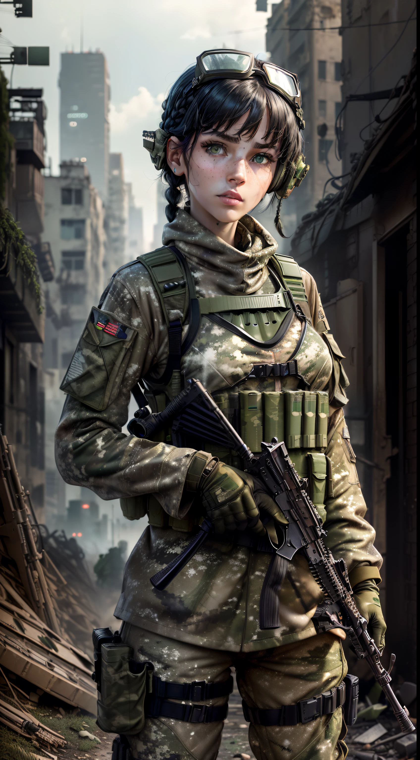 (((masterpiece, best quality))), 1girl, 18 year old, (((caucasian))), (((emerald green eyes))), ((perfect lips)), ((perfect nose)), (((perfect hands))),(((very detailed hands))), (((perfect fingers))), (((perfect eyes))),(((black hair, short hair, straight hair, small braid in her hair))), (((wearing: camouflage suit, camouflage helmet, bulletproof vest, wears assault rifle magazines, ammo belt, camouflage glove, radio,machine gun, grenades))), background a post-apocalyptic cityscape with crumbling buildings and overgrown vegetation creates a dystopian atmosphere, ((blurry background)), ((confident)), (((Pose:looking at the camera)))