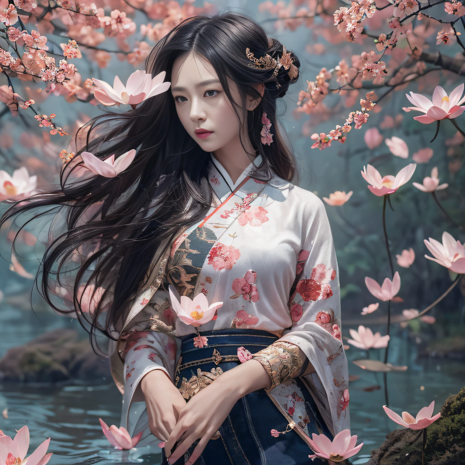 32K（tmasterpiece，k hd，hyper HD，32K）Long flowing black hair，ponds，zydink， a color，  Xuzhou people （Silly girl）， （Silk scarf）， Combat posture， looking at the ground， long whitr hair， Floating hair， Carp pattern headdress， Chinese long-sleeved clothing， （abstract ink splash：1.2）， Pink petal background，Pink and white lotus flowers fly（realisticlying：1.4），Black color hair，Fallen leaves flutter，The background is pure， A high resolution， the detail， RAW photogr， Sharp Re， Nikon D850 Film Stock Photo by Jefferies Lee 4 Kodak Portra 400 Camera F1.6 shots, Rich colors, ultra-realistic vivid textures, Dramatic lighting, Unreal Engine Art Station Trend, cinestir 800，Long flowing black hair，Denim skirt