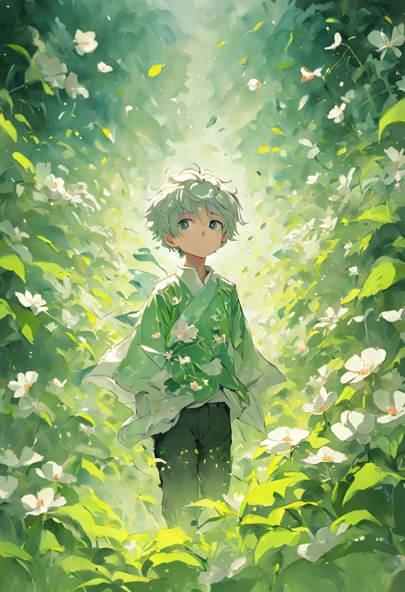 Blooming flowers flutter in the wind,The boy in the flower,Light green and silver design,Pay attention to the texture of the skin and flowers,Sony FE 12-24mm F/2.8 gm,Impressionist garden,Proficient in calligraphy,eco-friendly craftsmanship,Brush stroke exploration