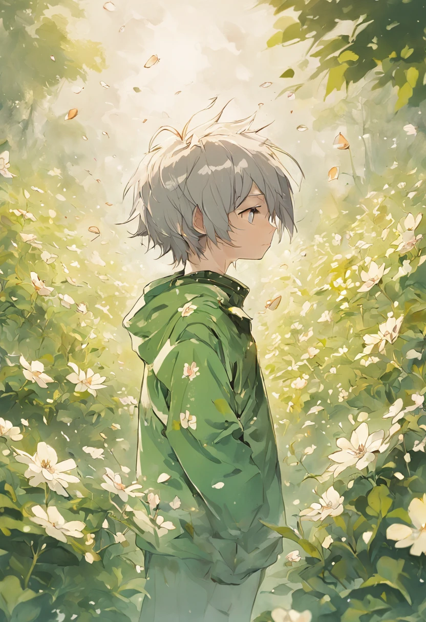 Blooming flowers flutter in the wind，The boy in the flower，Light green and silver design，Pay attention to the texture of the skin and flowers，Sony FE 12-24mm F/2.8 gm，Impressionist garden，Proficient in calligraphy，eco-friendly craftsmanship，Brush stroke exploration