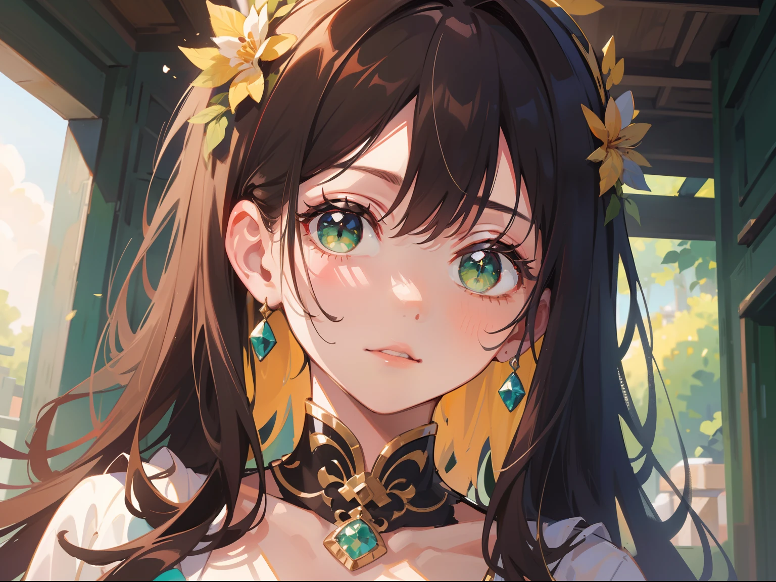 (masterpiece), (best quality), ultra high res, sharp focus, ((1 woman, solo)), upper body, dutch shot, beautiful detailed hair, chestnut brown hair, long hair tumbles down, beautiful detailed face, ((beautiful shape eyes, green eyes)), perfect feminine face, based on goddess psyche look