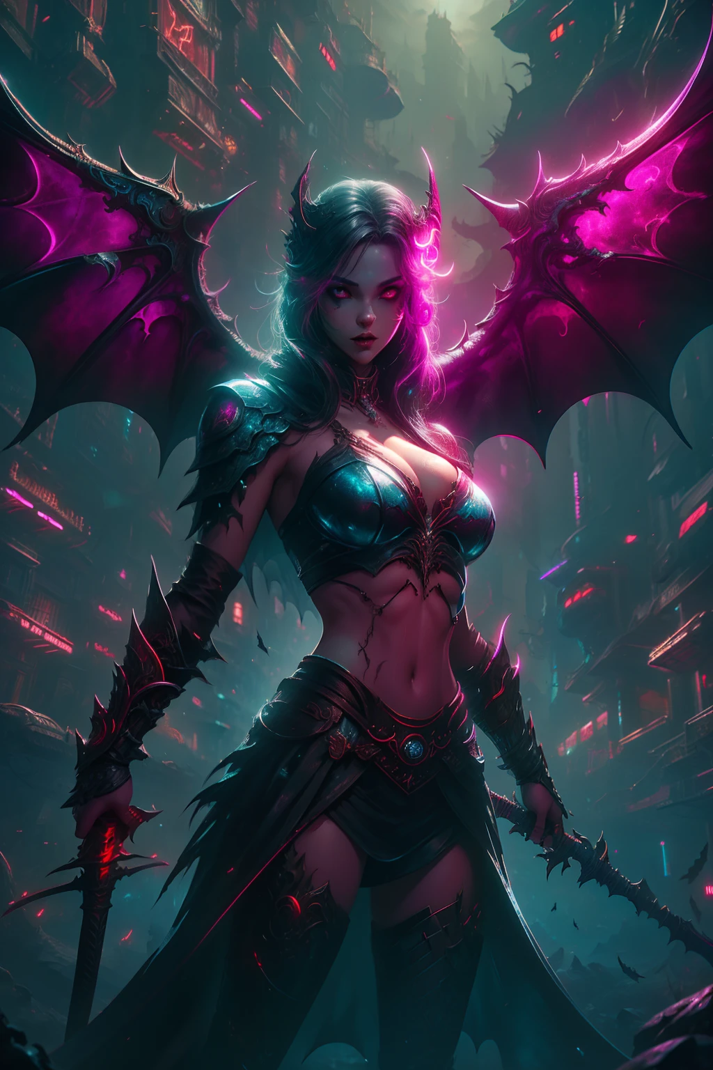 high high quality,Best quality at best,Realiy,Super realistic,super detailing,tmasterpiece,A high resolution,8K,Very realistic,Hellbringers,red - eyed,Meniscus,Close-up of a girl with a sword and a vampire, Dark black cloak,比基尼,glitchpunk girl,pale milky white porcelain skin, Vampires,Smooth translucent white skin, small thighs,Small waist,Small hips,cropped shoulders,Nice collarbone,ultra-realistic realism,big breasts exposed cleavage,The upper part of the body,,Wear a bikini,Tattooed with,red color eyes,gothic art style,((Bat wings)),Epic fantasy digital art style,A noble and elegant vampire girl, dan mumford tom bagshaw, dark fantasy style art, Epic fantasy art style, , dark fantasy art style, Epic fantasy art style HD, dark fantasy digital art,"Artistic image type: {Perched on the top of the cybernetic dragon, Vampire Maiden investigates the vast cyber metropolis below. Infused with neon lights, Contrast her technically enhanced body, Embedded LEDs and retractable technology weapons shine. In a striking pose, She seemed ready to act, A fusion of ancient legends and visions of the future}, Excellent location,with city view, (Vibrant neon lighting:1.5), (Digital painting:1.25), (4K:1.2). environment: panoramic view of a city,Bats fly across the skyline."