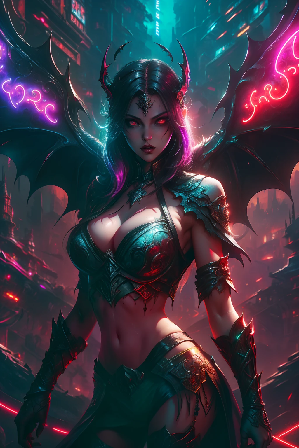high high quality,Best quality at best,Realiy,Super realistic,super detailing,tmasterpiece,A high resolution,8K,Very realistic,Hellbringers,red - eyed,Meniscus,Close-up of a girl with a sword and a vampire, Dark black cloak,比基尼,glitchpunk girl,pale milky white porcelain skin, Vampires,Smooth translucent white skin, small thighs,Small waist,Small hips,cropped shoulders,Nice collarbone,ultra-realistic realism,big breasts exposed cleavage,The upper part of the body,,Wear a bikini,Tattooed with,red color eyes,gothic art style,((Bat wings)),Epic fantasy digital art style,A noble and elegant vampire girl, dan mumford tom bagshaw, dark fantasy style art, Epic fantasy art style, , dark fantasy art style, Epic fantasy art style HD, dark fantasy digital art,"Artistic image type: {Perched on the top of the cybernetic dragon, Vampire Maiden investigates the vast cyber metropolis below. Infused with neon lights, Contrast her technically enhanced body, Embedded LEDs and retractable technology weapons shine. In a striking pose, She seemed ready to act, A fusion of ancient legends and visions of the future}, Excellent location,with city view, (Vibrant neon lighting:1.5), (Digital painting:1.25), (4K:1.2). environment: panoramic view of a city,Bats fly across the skyline."
