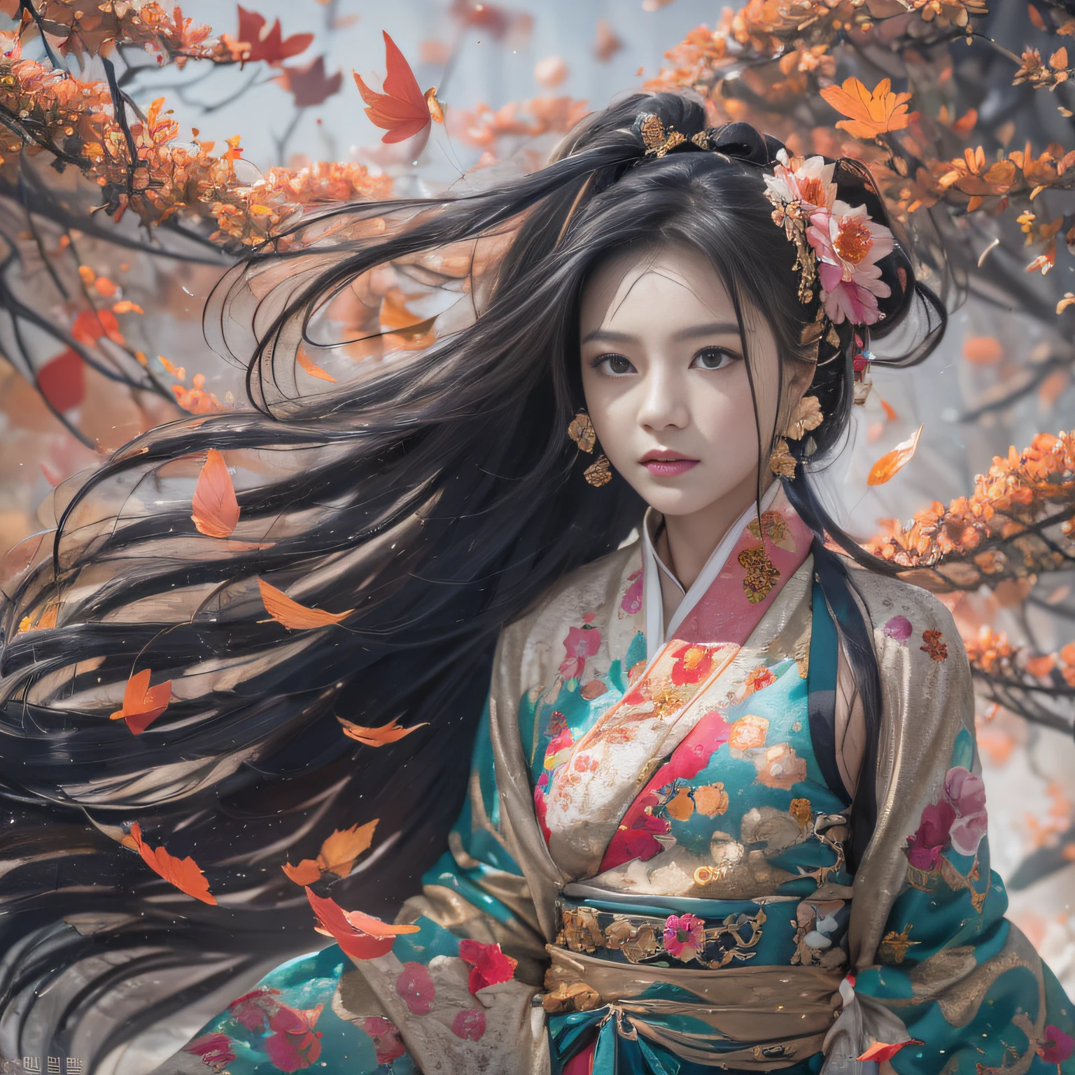 32K（tmasterpiece，k hd，hyper HD，32K）Long flowing black hair，ponds，zydink， a color，  Xuzhou people （Silly girl）， （Silk scarf）， Combat posture， looking at the ground， long whitr hair， Floating hair， Carp pattern headdress， Chinese long-sleeved clothing， （abstract ink splash：1.2）， Pink petal background，Pink and white lotus flowers fly（realisticlying：1.4），Black color hair，Fallen leaves flutter，The background is pure， A high resolution， the detail， RAW photogr， Sharp Re， Nikon D850 Film Stock Photo by Jefferies Lee 4 Kodak Portra 400 Camera F1.6 shots, Rich colors, ultra-realistic vivid textures, Dramatic lighting, Unreal Engine Art Station Trend, cinestir 800，Long flowing black hair，Denim skirt