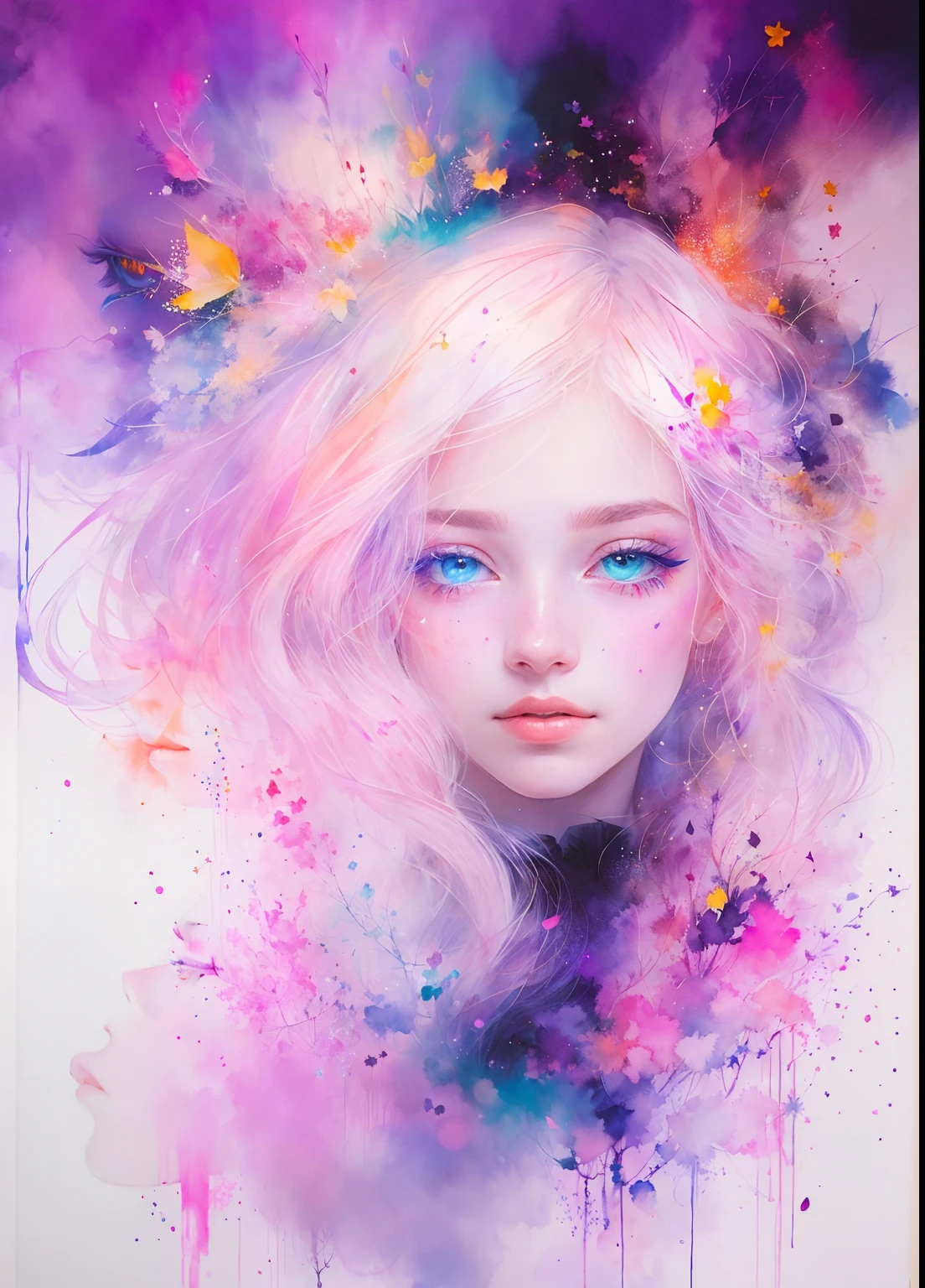 Obra-prima, This is a dreamy and ethereal image. Gere uma rainha extravagante e forte por Agnes Cecile com olhos lindamente detalhados e realistas. Inclua pingos de tinta e luzes de fadas. The colors used should be soft and pastel, exceto para os olhos, que deve ser ousado e realisticamente sombreado. Incluir luminosa, Glitter, brilho, e detalhamento intrincado. This is a high-quality image of world-class artist agnes cecile. ((master part))