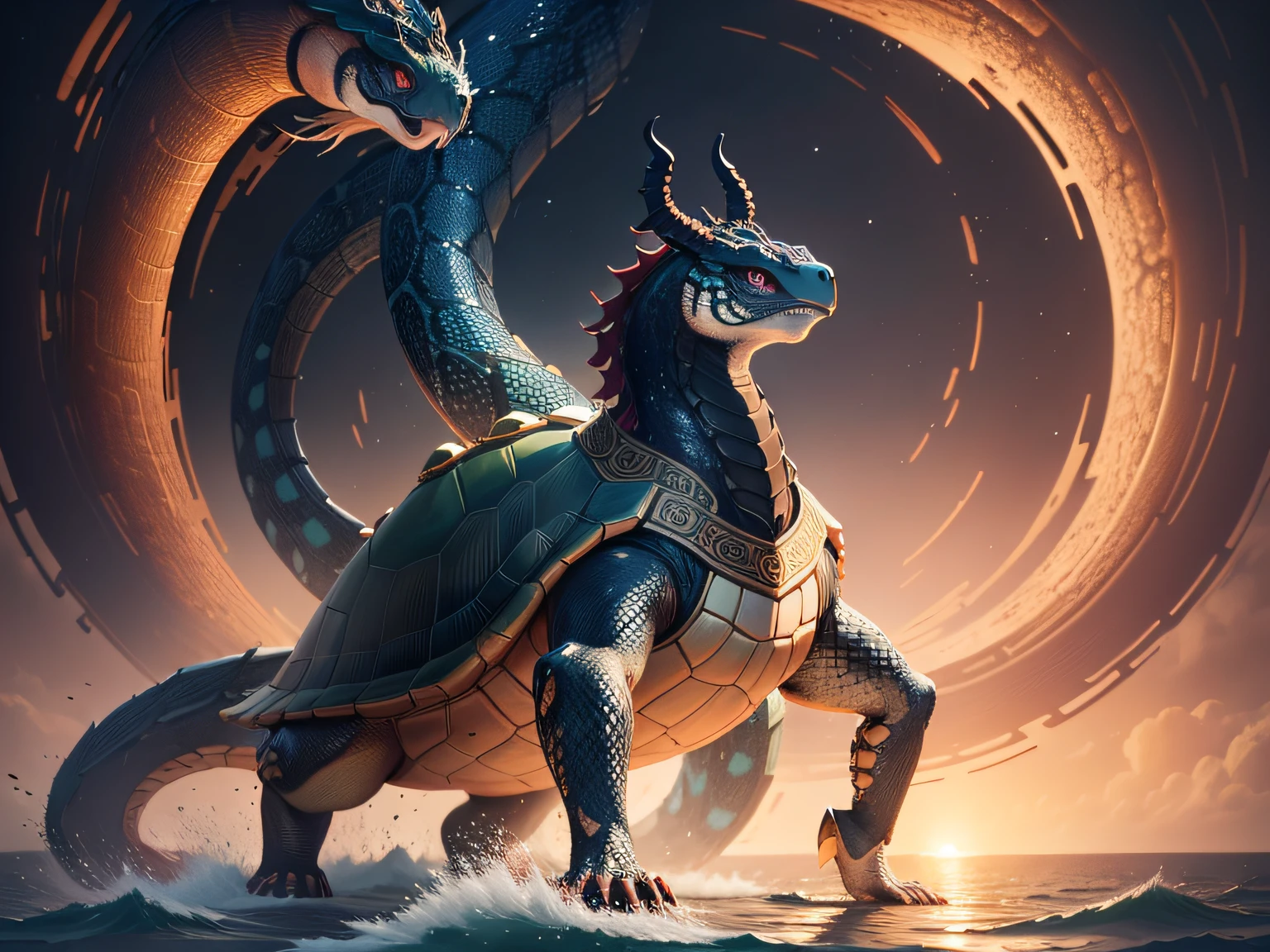 tmasterpiece,A high resolution,8K,CG animation,The image of a mythical beast in Chinese mythology,A turtle image with a tail is a snake,The snake's body coils in the northern part of the turtle,Have by the sea