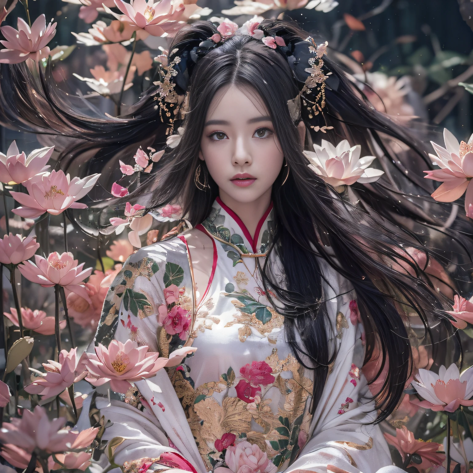 32K（tmasterpiece，k hd，hyper HD，32K）Long flowing black hair，ponds，zydink， a color，  Xuzhou people （Silly girl）， （Silk scarf）， Combat posture， looking at the ground， long whitr hair， Floating hair， Carp pattern headdress， Chinese long-sleeved clothing， （Abstract gouache splash：1.2）， Pink petal background，Pink and white lotus flowers fly（realisticlying：1.4），Black color hair，Fallen leaves flutter，The background is pure， A high resolution， the detail， RAW photogr， Sharp Re， Nikon D850 Film Stock Photo by Jefferies Lee 4 Kodak Portra 400 Camera F1.6 shots, Rich colors, ultra-realistic vivid textures, Dramatic lighting, Unreal Engine Art Station Trend, cinestir 800，Long flowing black hair，see-through transparent clothes