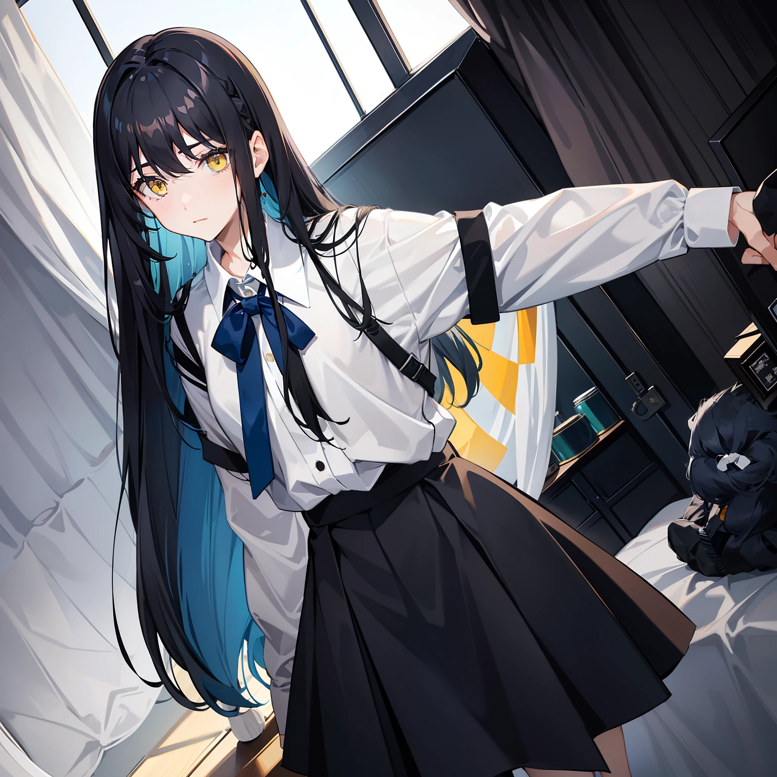 Long blue-gray-black hair，Slanted hair curtain，Hair is scattered around the waist，Black short-sleeved school uniform with skirt，White skin of the，Pale bluish yellow eyes，Innocent eyes