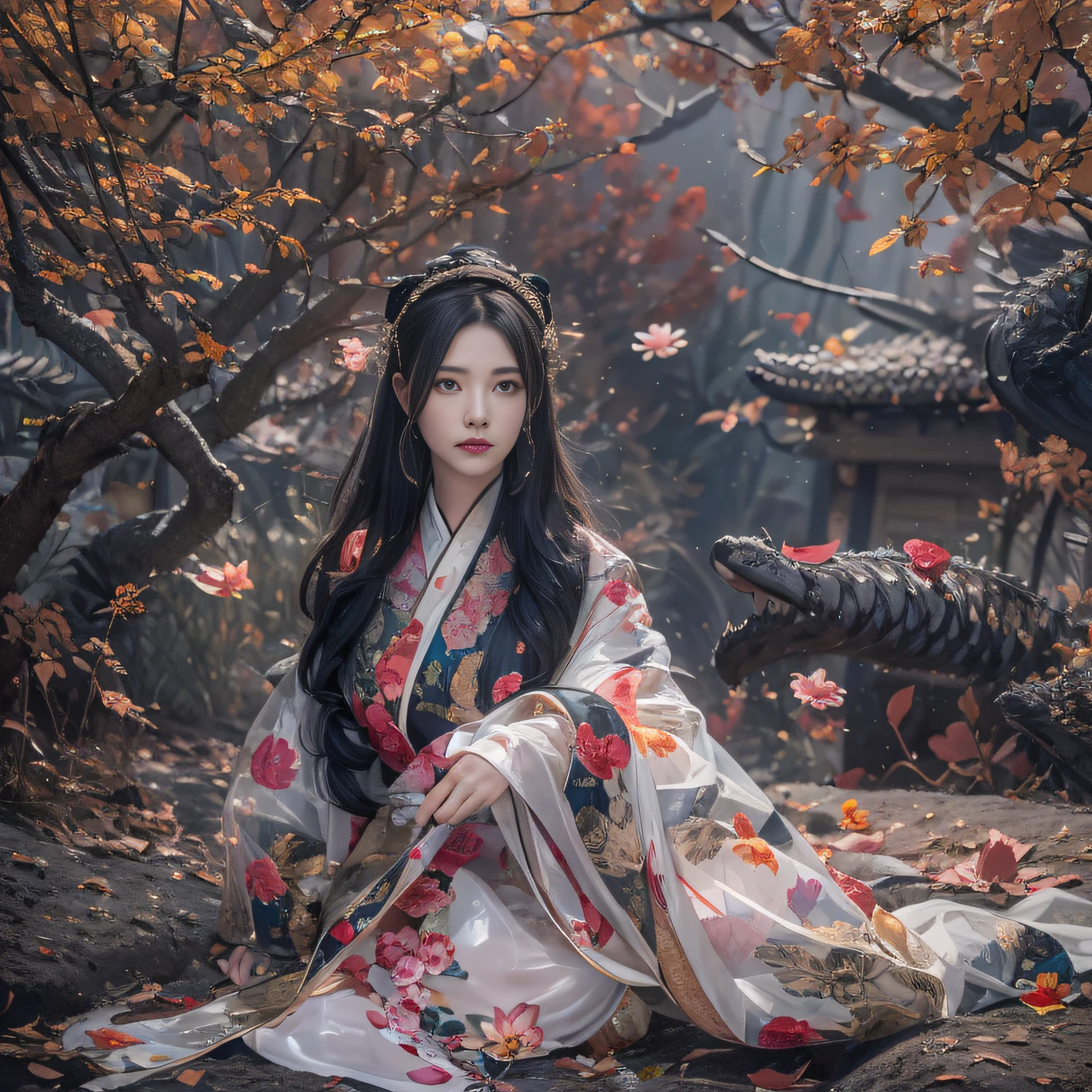 32K(tmasterpiece,k hd,hyper HD,32K)Long flowing black hair,ponds,zydink, a color, Xuzhou people (Silly girl), (Silk scarf), Combat posture, looking at the ground, long whitr hair, Floating hair, Carp pattern headdress, Chinese long-sleeved clothing, (Abstract gouache splash:1.2), Pink petal background,Pink and white lotus flowers fly(realisticlying:1.4),Black color hair,Fallen leaves flutter,The background is pure, A high resolution, the detail, RAW photogr, Sharp Re, Nikon D850 Film Stock Photo by Jefferies Lee 4 Kodak Portra 400 Camera F1.6 shots, Rich colors, ultra-realistic vivid textures, Dramatic lighting, Unreal Engine Art Station Trend, cinestir 800,Long flowing black hair,see-through transparent clothes