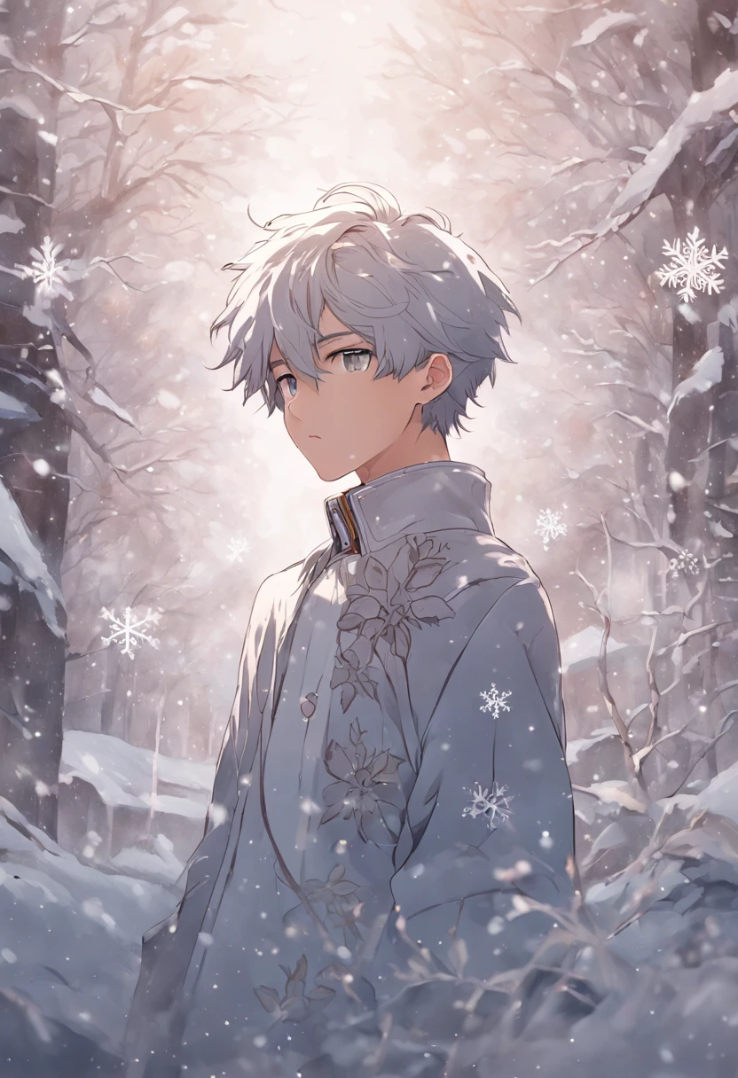 Romantic snowflakes flutter in the wind,Boy in the Snow,Handsome face,Light white and silver design,Pay attention to the texture of the skin and flowers,Sony FE 12-24mm F/2.8 gm,Impressionist garden,Proficient in calligraphy,eco-friendly craftsmanship,Brush stroke exploration