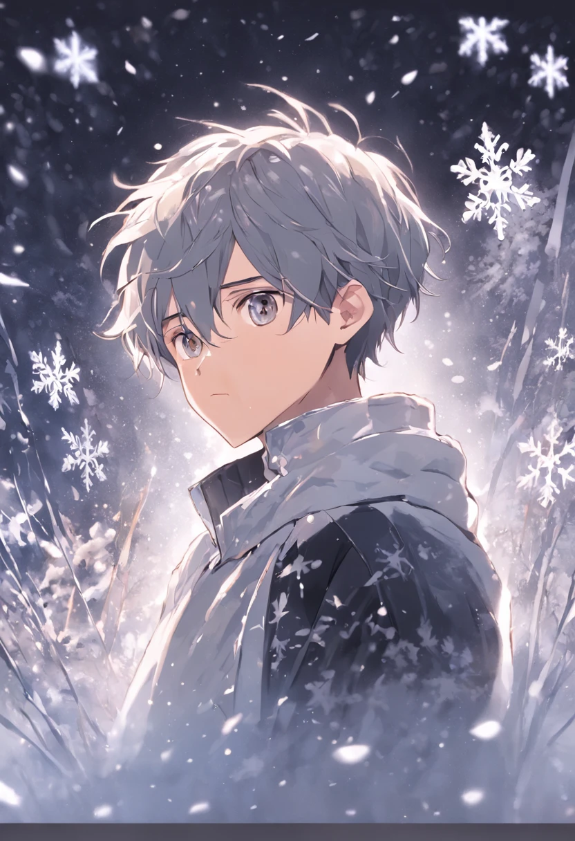Romantic snowflakes flutter in the wind,Boy in the Snow,Handsome face,Light white and silver design,Pay attention to the texture of the skin and flowers,Sony FE 12-24mm F/2.8 gm,Impressionist garden,Proficient in calligraphy,eco-friendly craftsmanship,Brush stroke exploration