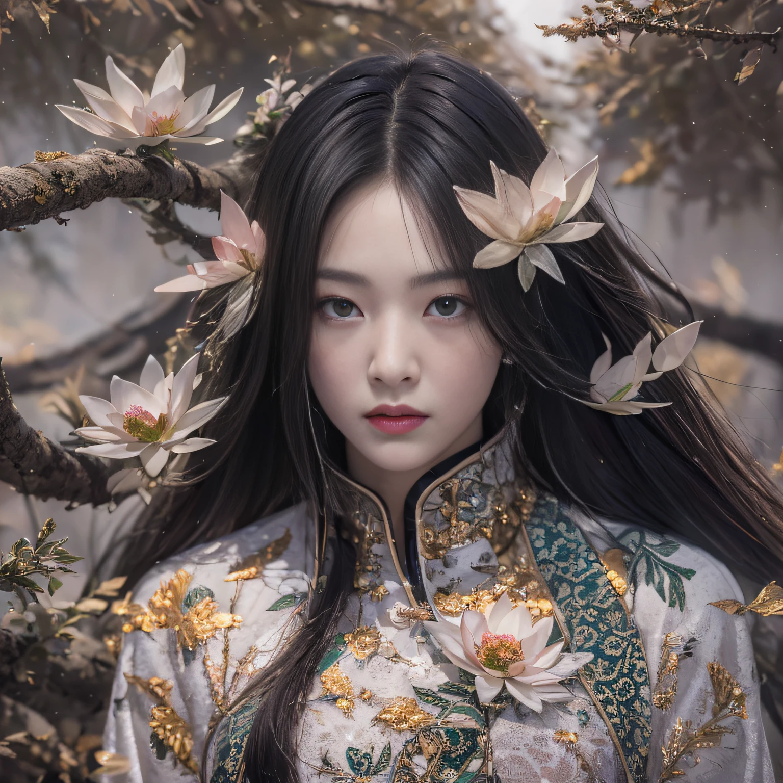 32K（tmasterpiece，k hd，hyper HD，32K）Long flowing black hair，ponds，zydink， a color，  Xuzhou people （Silly girl）， （Silk scarf）， Combat posture， looking at the ground， long whitr hair， Floating hair， Carp pattern headdress， Chinese long-sleeved clothing， （Abstract gouache splash：1.2）， Pink petal background，Pink and white lotus flowers fly（realisticlying：1.4），Black color hair，Fallen leaves flutter，The background is pure， A high resolution， the detail， RAW photogr， Sharp Re， Nikon D850 Film Stock Photo by Jefferies Lee 4 Kodak Portra 400 Camera F1.6 shots, Rich colors, ultra-realistic vivid textures, Dramatic lighting, Unreal Engine Art Station Trend, cinestir 800，Long flowing black hair，see-through transparent clothes