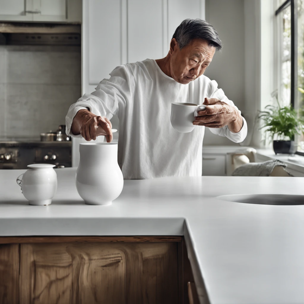 Best quality, Masterpiece, 超高分辨率, (photograph realistic:1.4), surrealism, "One middle-aged man, dressed in a crisp white t-shirt, reaches out to grab a pristine white ceramic cup resting on the sleek kitchen counter."