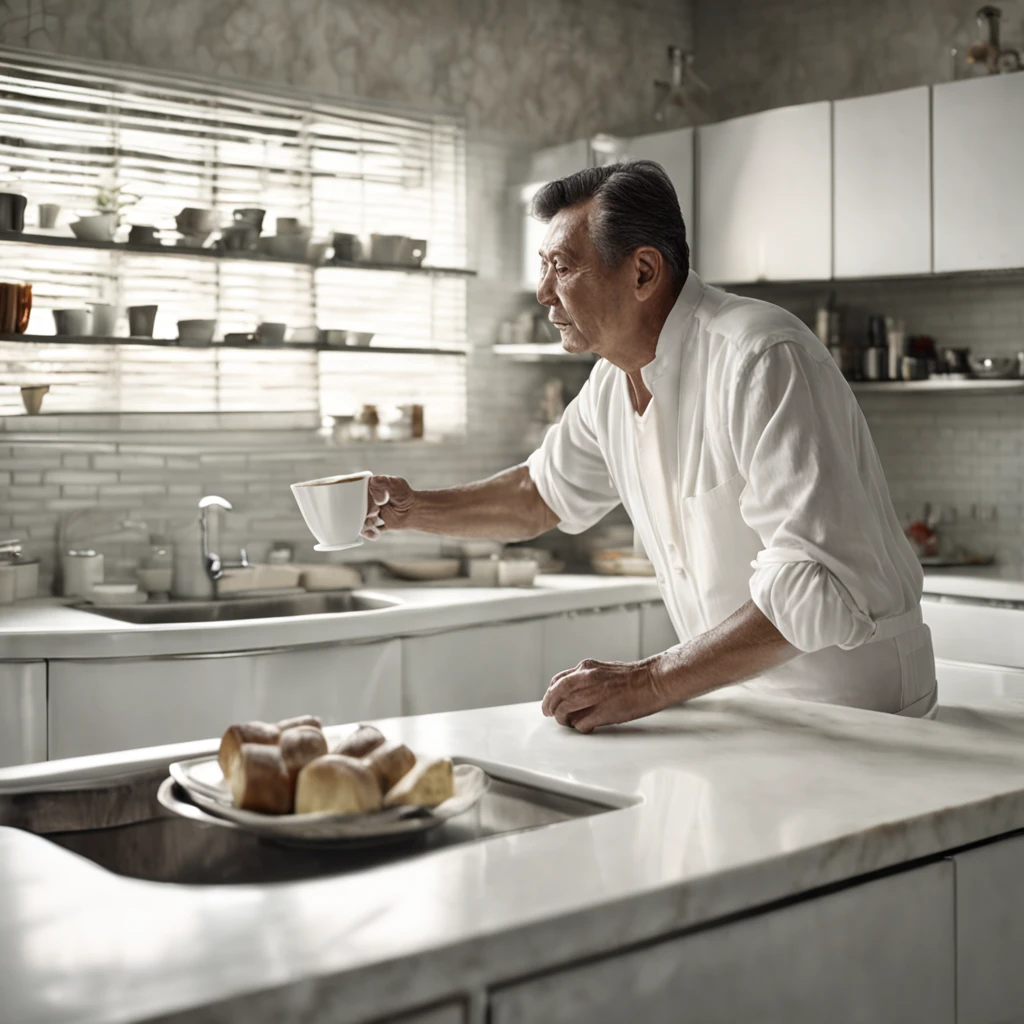 Best quality, Masterpiece, 超高分辨率, (photograph realistic:1.4), surrealism, "One middle-aged man, dressed in a crisp white t-shirt, reaches out to grab a pristine white ceramic cup resting on the sleek kitchen counter."