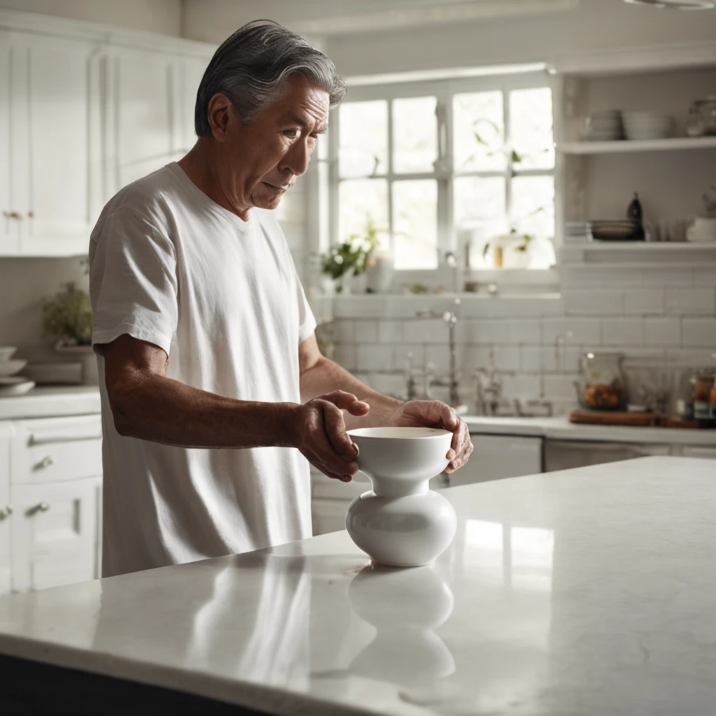 Best quality, Masterpiece, 超高分辨率, (photograph realistic:1.4), surrealism, "One middle-aged man, dressed in a crisp white t-shirt, reaches out to grab a pristine white ceramic cup resting on the sleek kitchen counter."