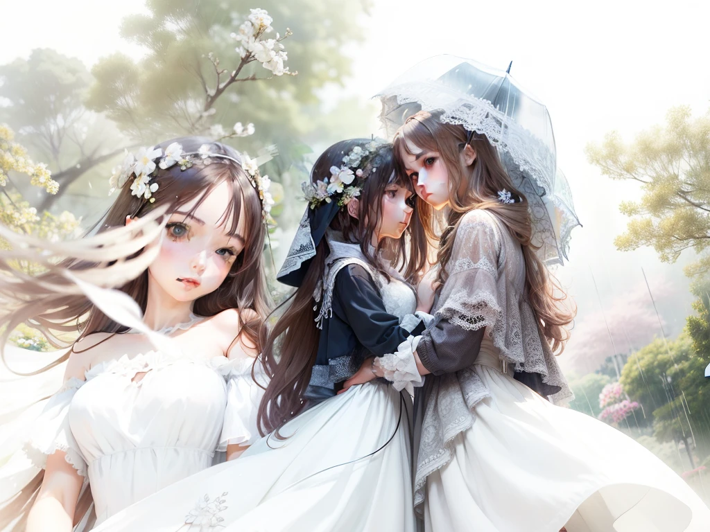 Anime comic style，2 girls, white dresses, with long coiled hair， Brown hair, Beautiful face, rain, Masterpiece, intricately details, Perfect ???????, Facial and body details.surrounded by flower