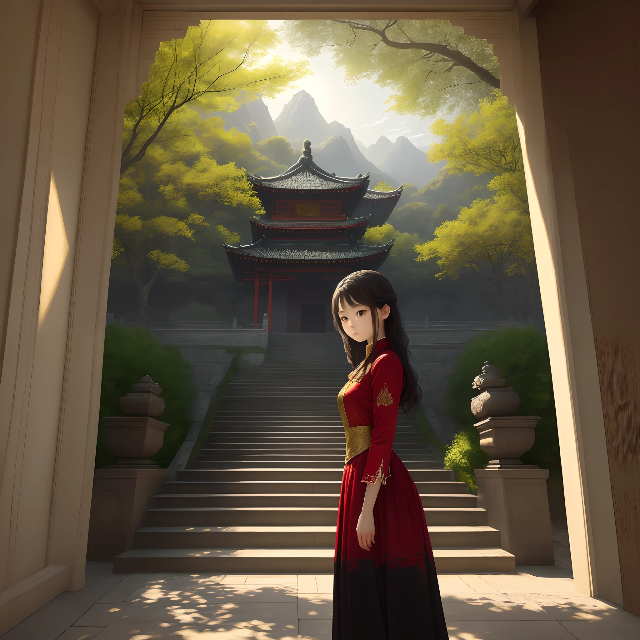 Late afternoon，A girl in red-dressed costume stopped by a large tree。Sunlight pours overhead，In the distance, palaces and mountains are illuminated，The ground is white jade steps, and the sky is a faint gold。It is a quiet and peaceful scene，golden theme
 。（Realism，Masterpiece quality，best qualtiy），