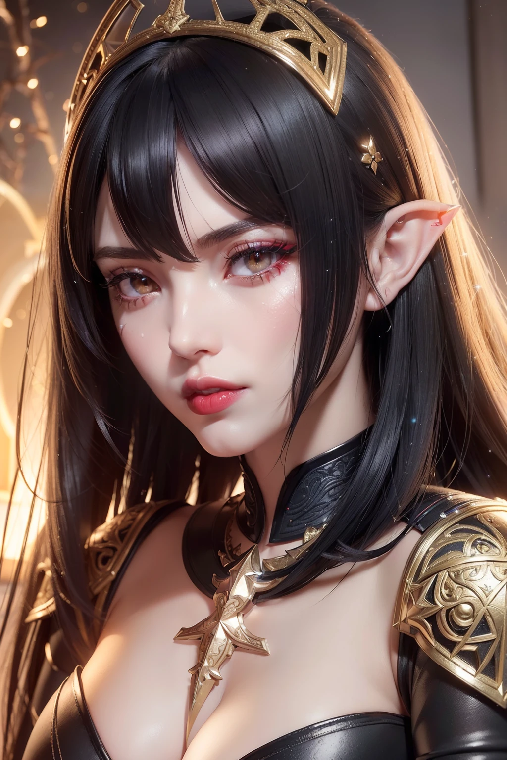 (((Saint Seya style aesthetic))) (Masterpiece) realistic big bust to the pelvic area ((beauty shape)) of a beauty hyperrealist & photorealist beauty young astonishing elf girl in cropped white clothing in armor highly & extremely detailed with cape & scarf (masterpiece), (((holding two blade))), Unity 8k, pearly perfect wet skin with pores (((short bob cut black hair with glowing colorful fringes))) ((perfect face shapes, complete perfect red lips, perfect nose, correct beautiful eyes, eyelashes, detailed intricate iris textured face in ZBrush)), Ultra HD, vines, (((cold colores illumination))), developed by Unreal Engine 5, Ultra Sharp Focus, Art by Alberto Seveso, Sci-Fi, vibrant & intricate Artwork, golden Ratio, epic